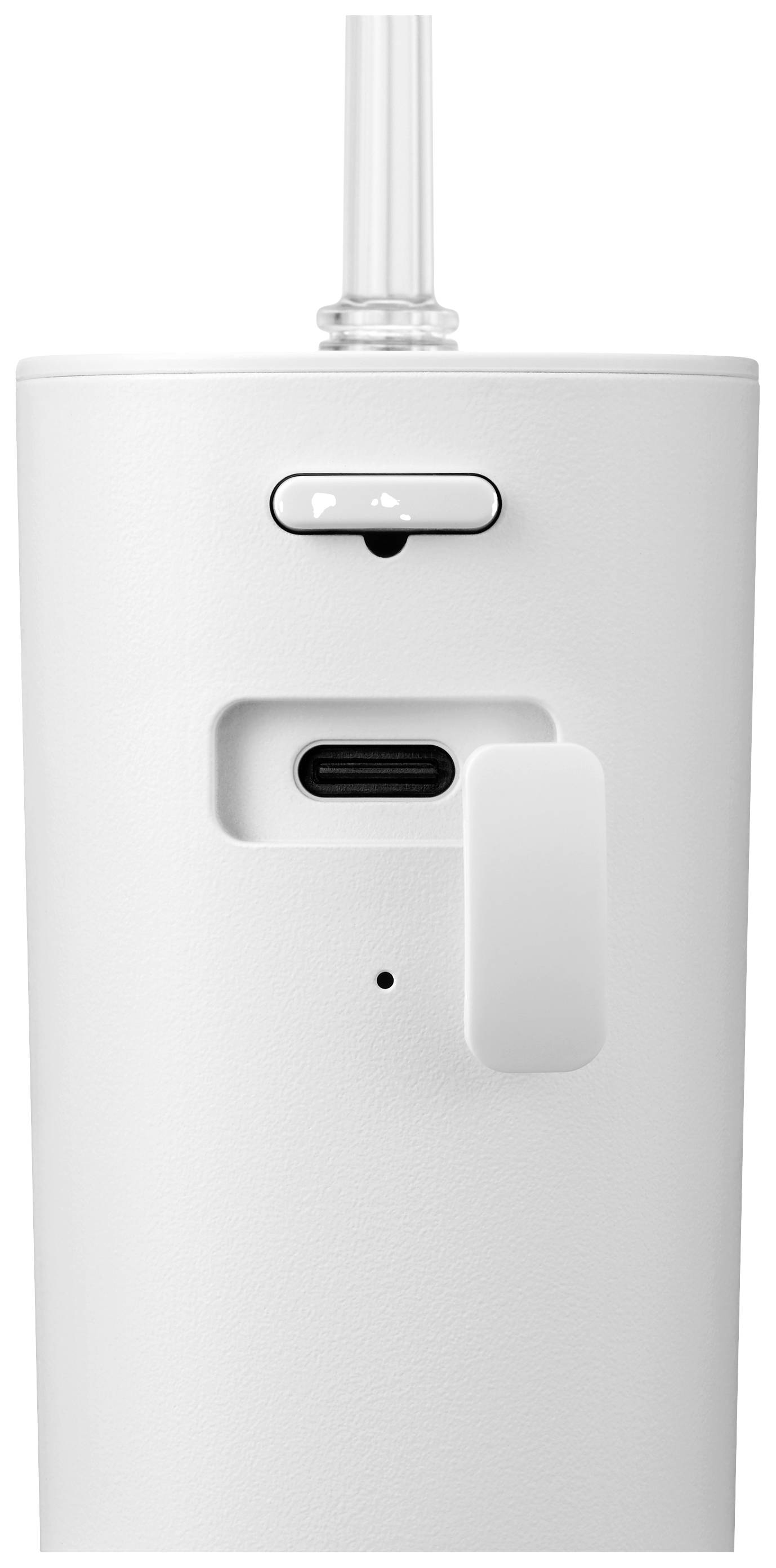 Bílé technické zařízení s USB-C portem a vypínačem nahoře. Jednoduché designové provedení, pravděpodobně určené pro elektronické aplikace.