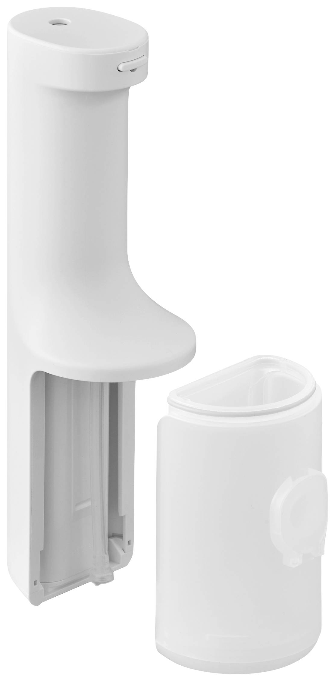 Bílý dávkovač mýdla a vyměnitelná nádoba vedle sebe, důraz na moderní design zařízení.