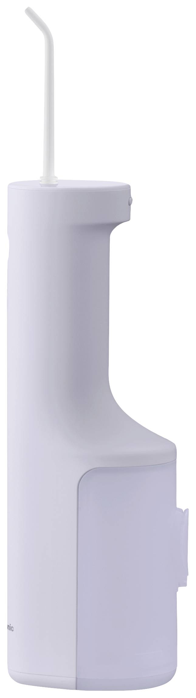 Přenosná bílá ústní sprcha s elegantním designem a odnímatelnou nádrží na vodu. Ideální pro čištění mezizubních prostor na cestách.