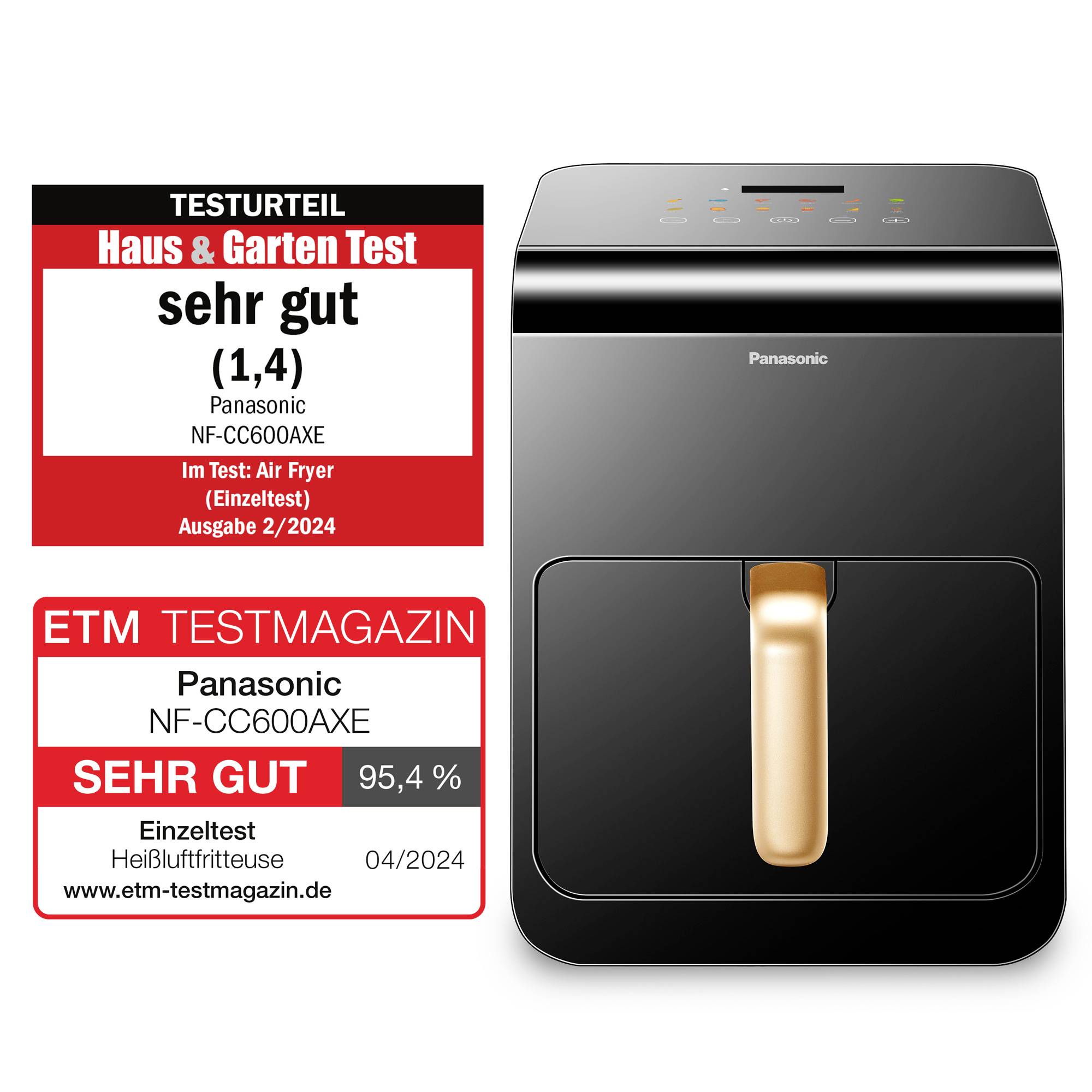 Horkovzdušná fritéza od Panasonicu, model NF-CC600AXE, se dvěma testovými certifikáty: 'Velmi dobré' od Haus & Garten Test a ETM Testmagazin.