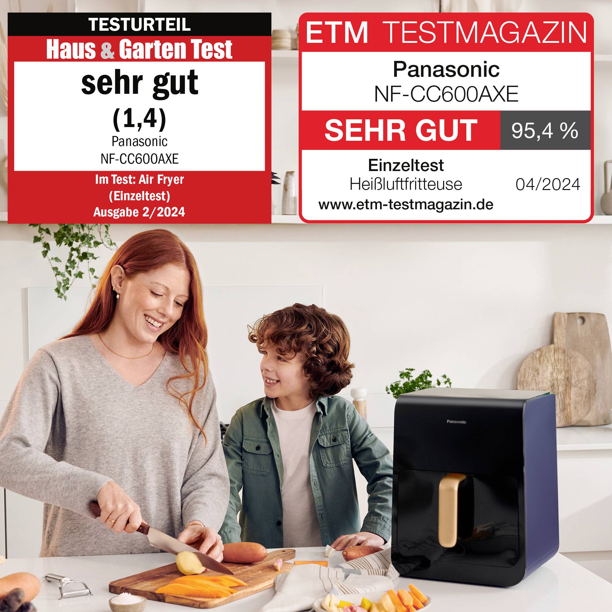 Žena a chlapec připravují jídlo. Vpravo stojí horkovzdušná fritéza Panasonic (NF-CC600AXE) s hodnocením 'VELMI DOBŘE'.