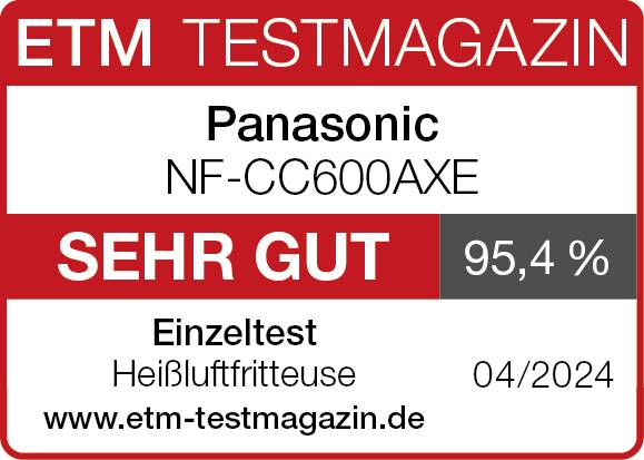 Hodnocení testovacího magazínu ETM 'VELMI DOBRÉ' s 95,4 % pro horkovzdušnou fritézu Panasonic NF-CC600AXE, individuální test, duben 2024.