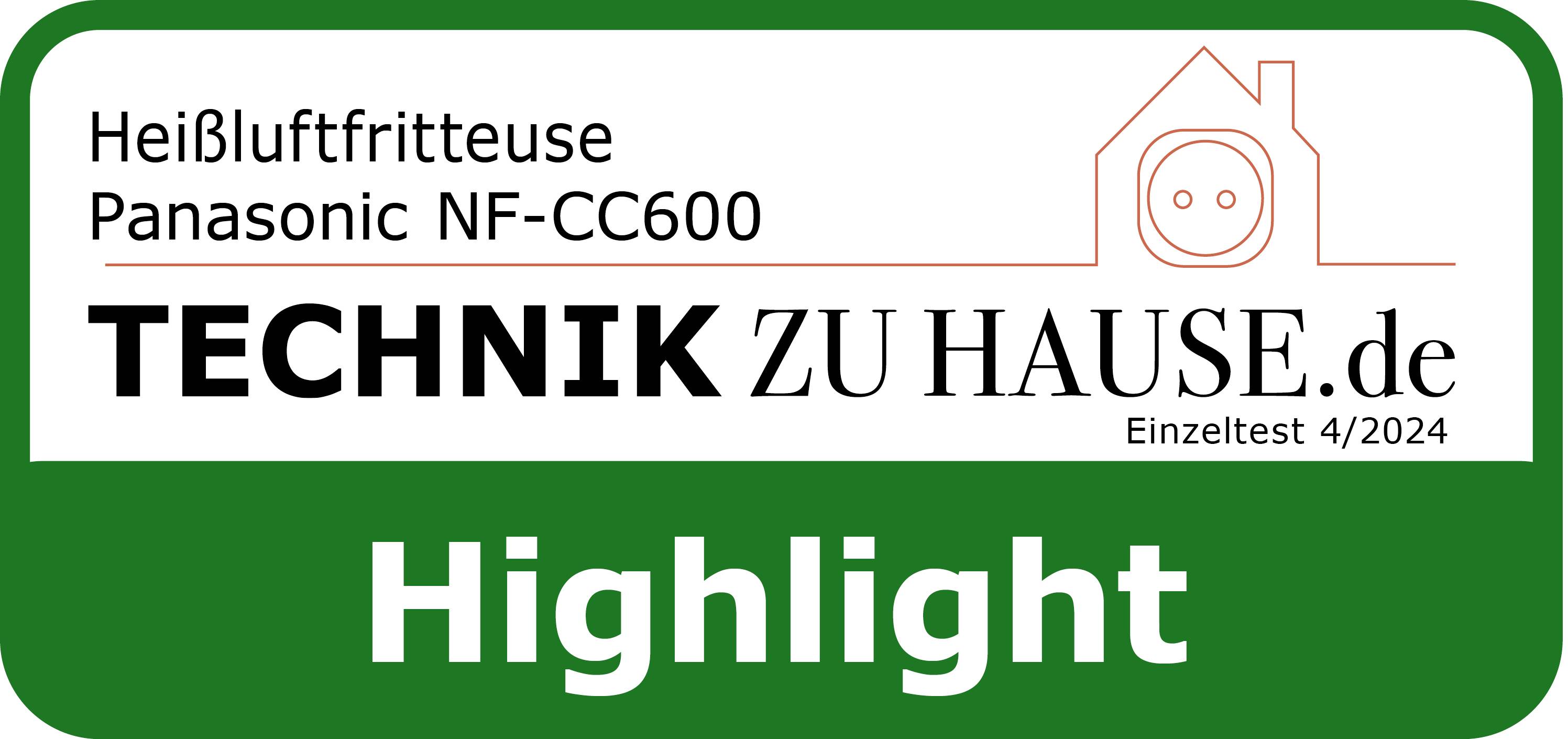 Na obrázku je napsáno: 'Horkovzdušná fritéza Panasonic NF-CC600, TECHNIKA DOMA.cz, Individuální test 4/2024, Highlight'.