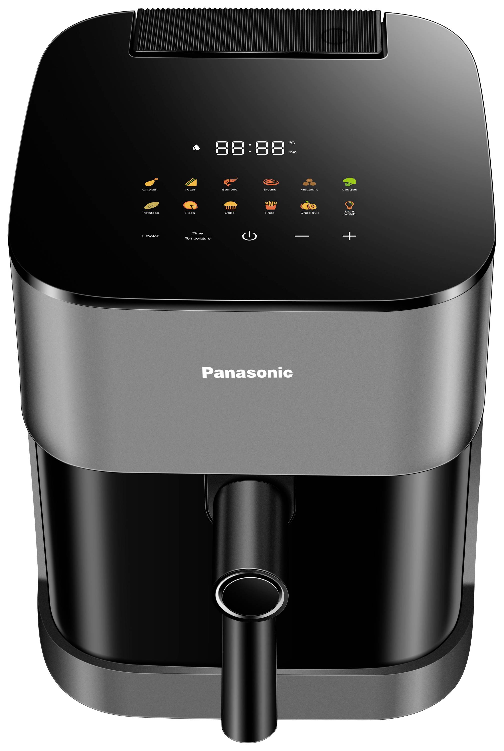 Černý Panasonic Airfryer s digitálním displejem a několika symboly různých kuchyňských funkcí na horní straně.