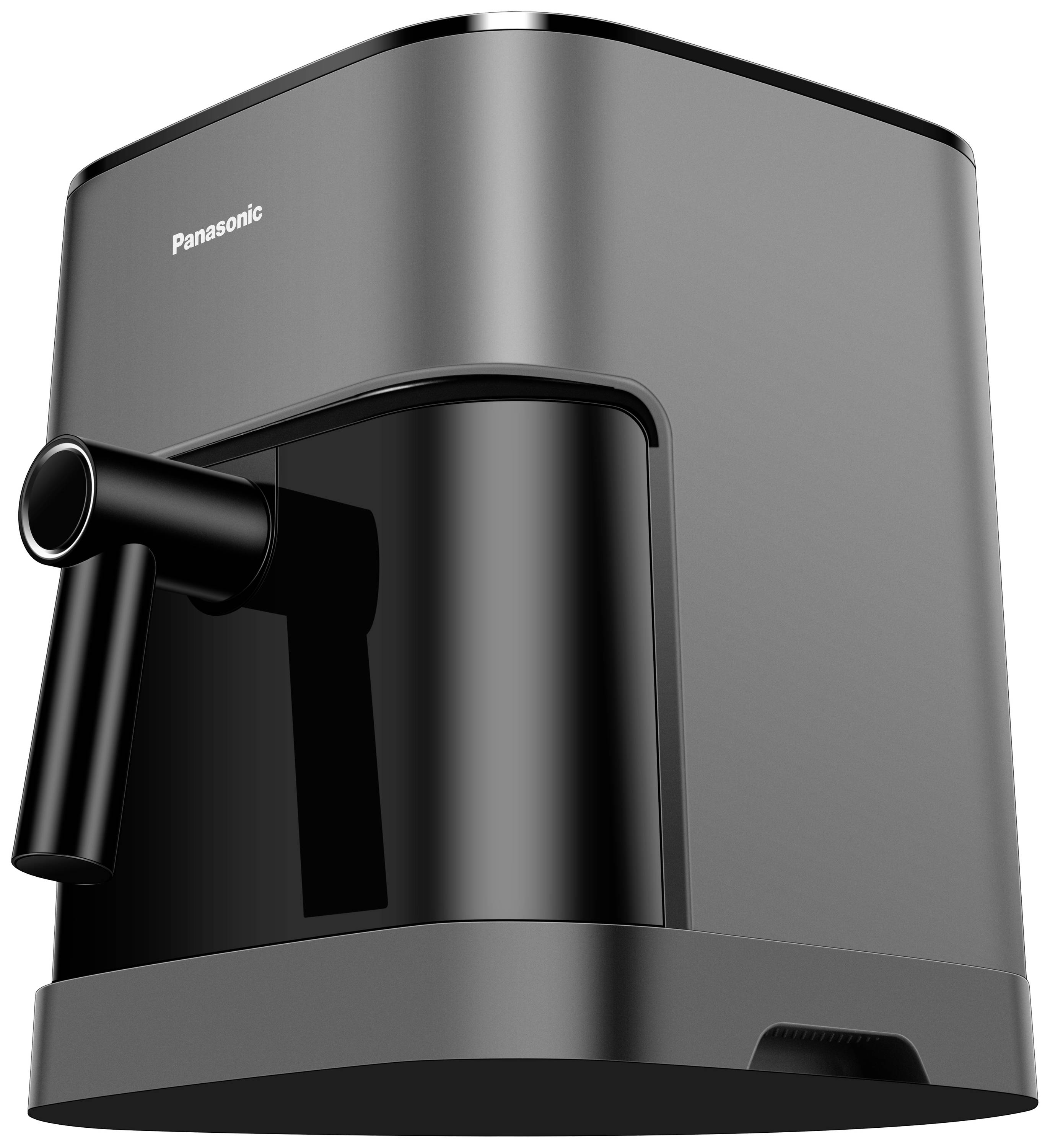 Kompaktní, šedý kávovar Panasonic s lesklým výtokem a moderním designem.