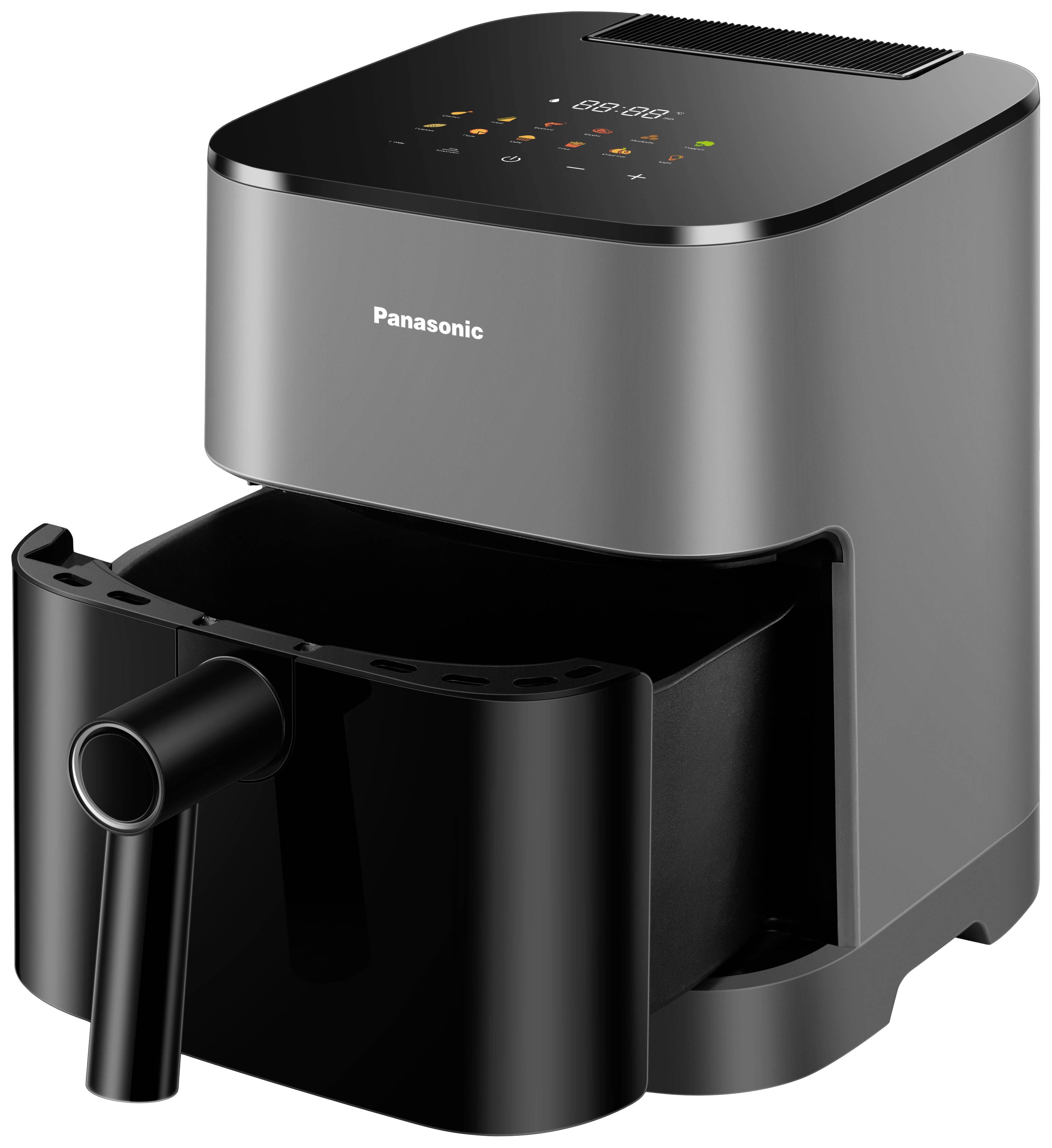 Černá horkovzdušná fritéza značky Panasonic s odnímatelným košem a digitálním ovládacím panelem nahoře.
