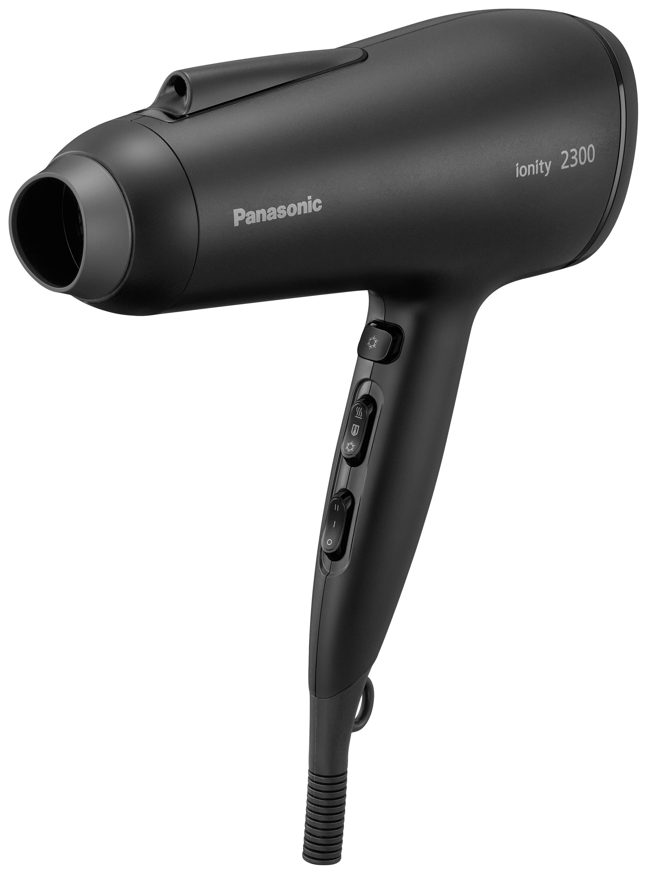 Černý vysoušeč vlasů s nápisem „Panasonic Ionity 2300" zobrazující ovládací prvky a síťový kabel.