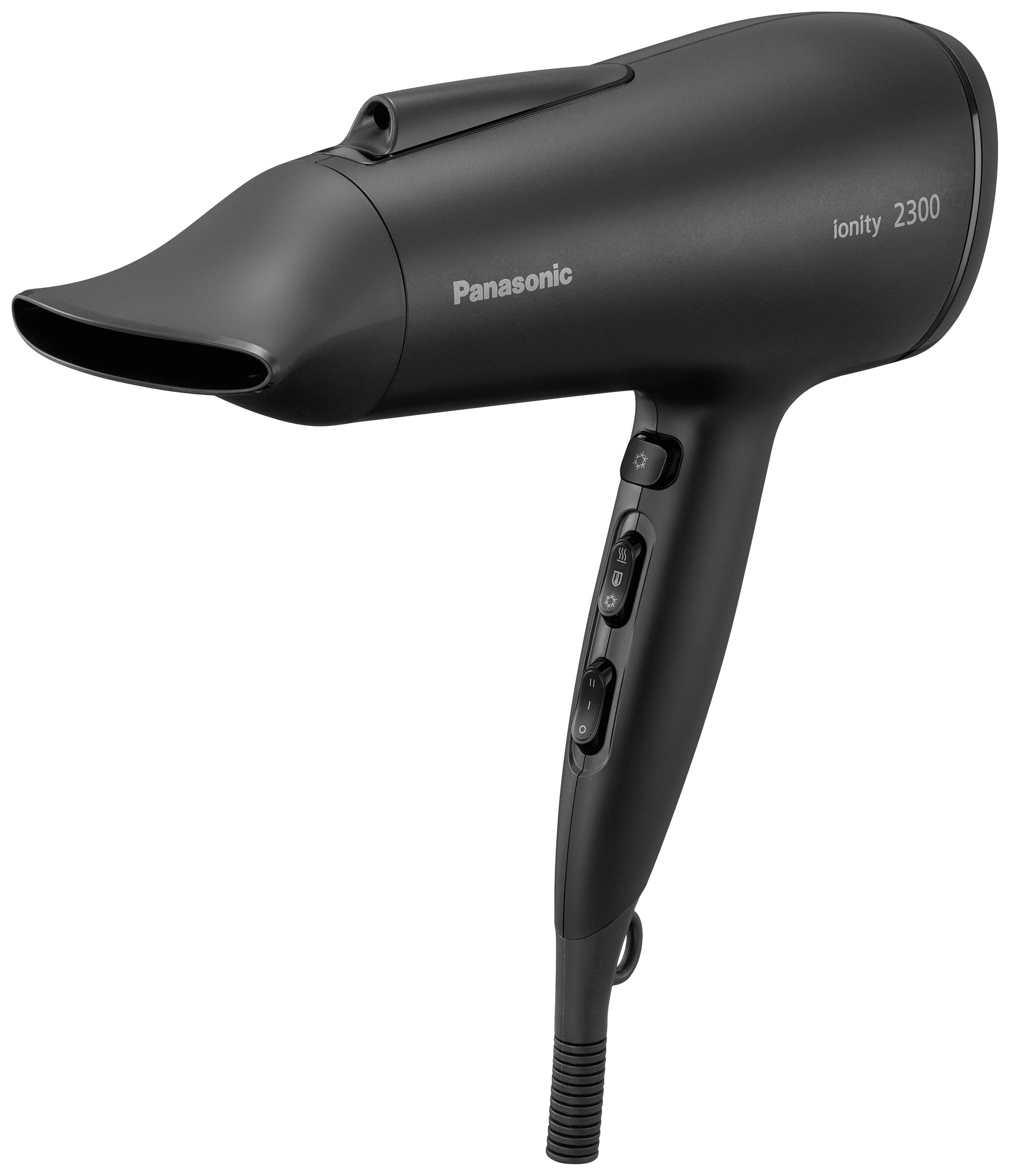 Černý fén značky Panasonic s výkonem 2300 wattů a iontovou technologií pro rychlé a šetrné sušení vlasů.