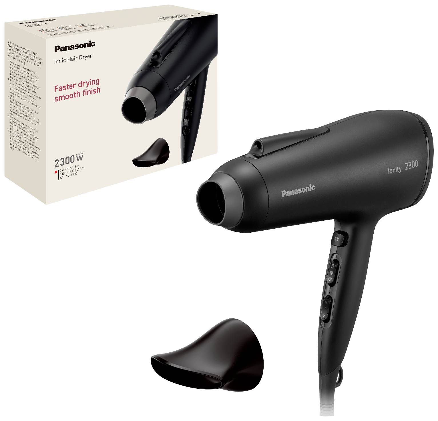 Černý Panasonic Ionity 2300W fén na vlasy s nastavením rychlosti, zobrazený s obalem a nástavcem pro styling.