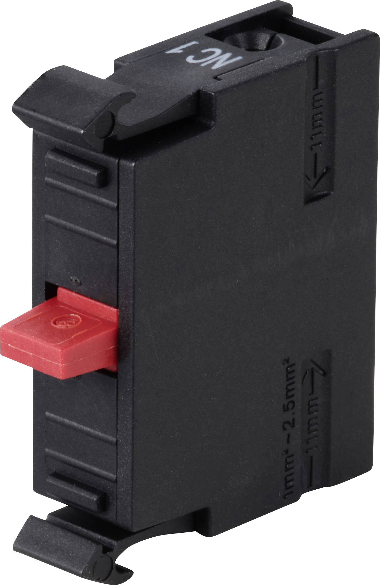 Černý elektrický spínací modul s červeným ovládačem, s nápisem 'NC1'. Vhodný pro vodiče o průřezu 1 až 2,5 mm².