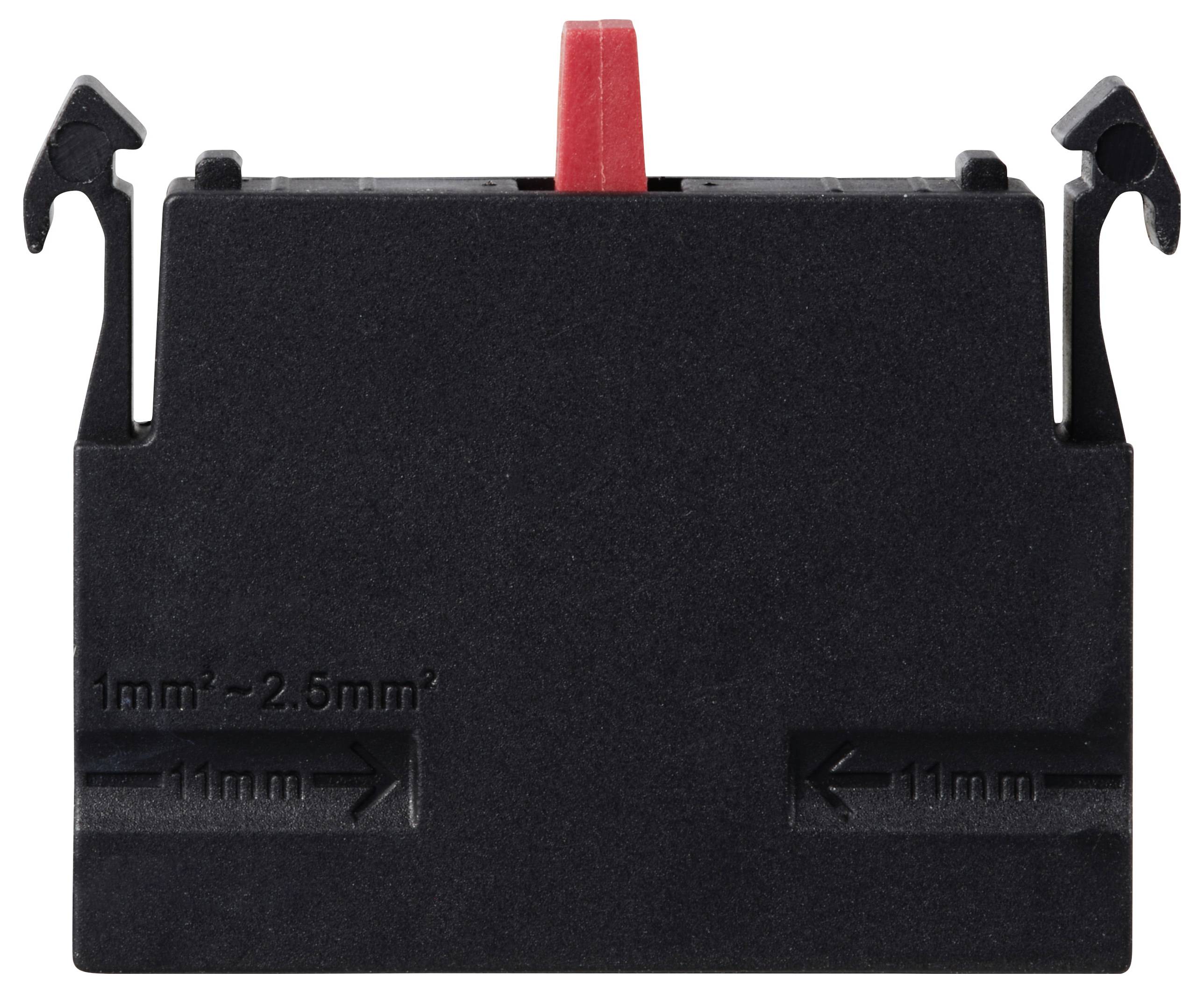 Černý plastový blok s červenou čárou nahoře zobrazuje "1mm² - 2,5mm²" a symboly pro průměr kabelu.