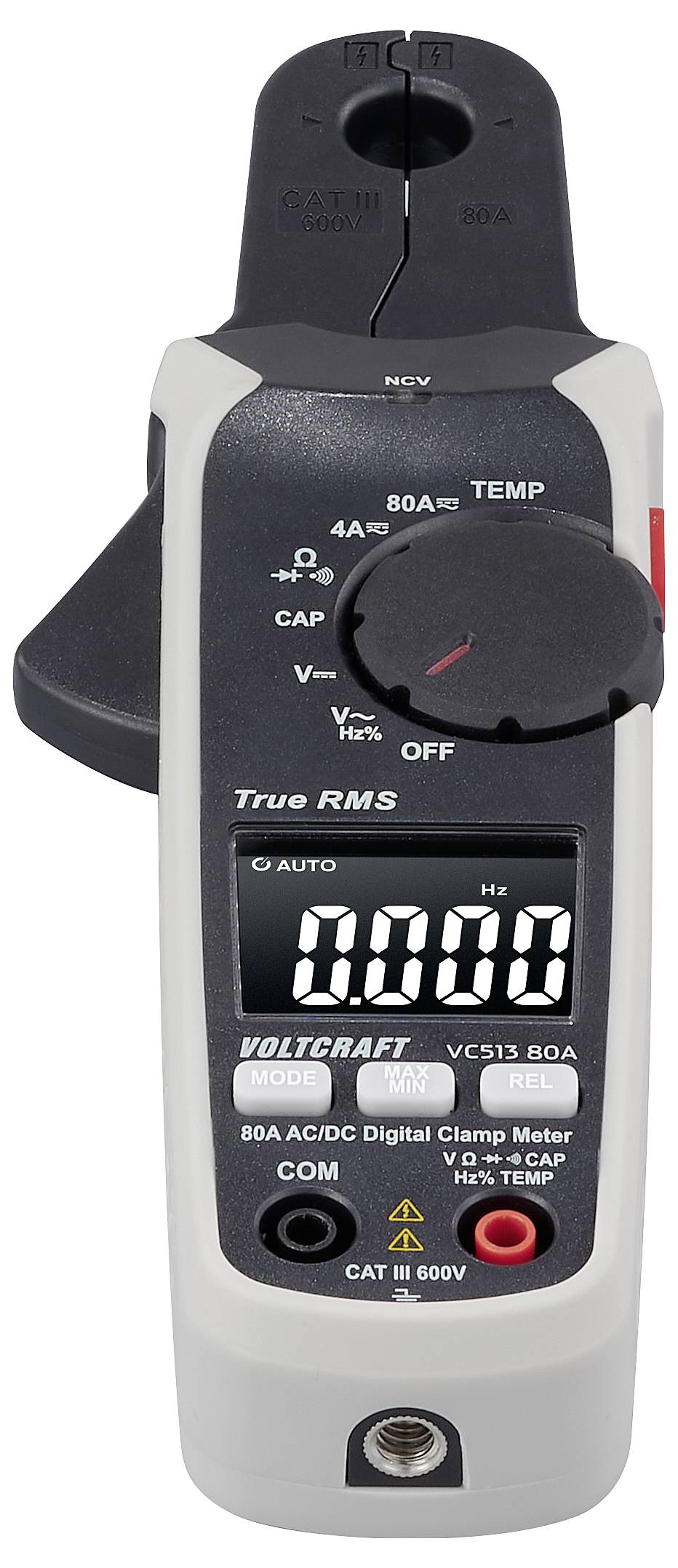 Digitální klešťový multimetr s displejem zobrazujícím '0,00 Hz'. Má tlačítka pro různé funkce, jako je teplota a napětí, a otočný volič pro výběr režimu.