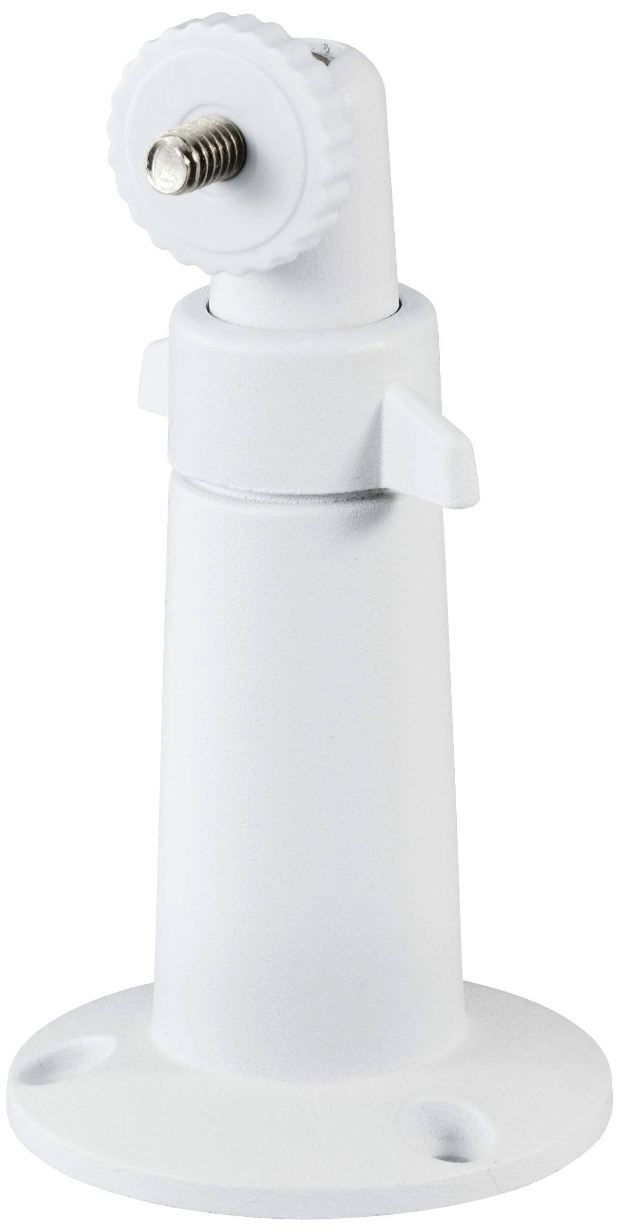 Bílý držák kamery s otočným upevňovacím mechanismem a kulatou základnou, vhodný pro montáž na stěnu nebo strop.
