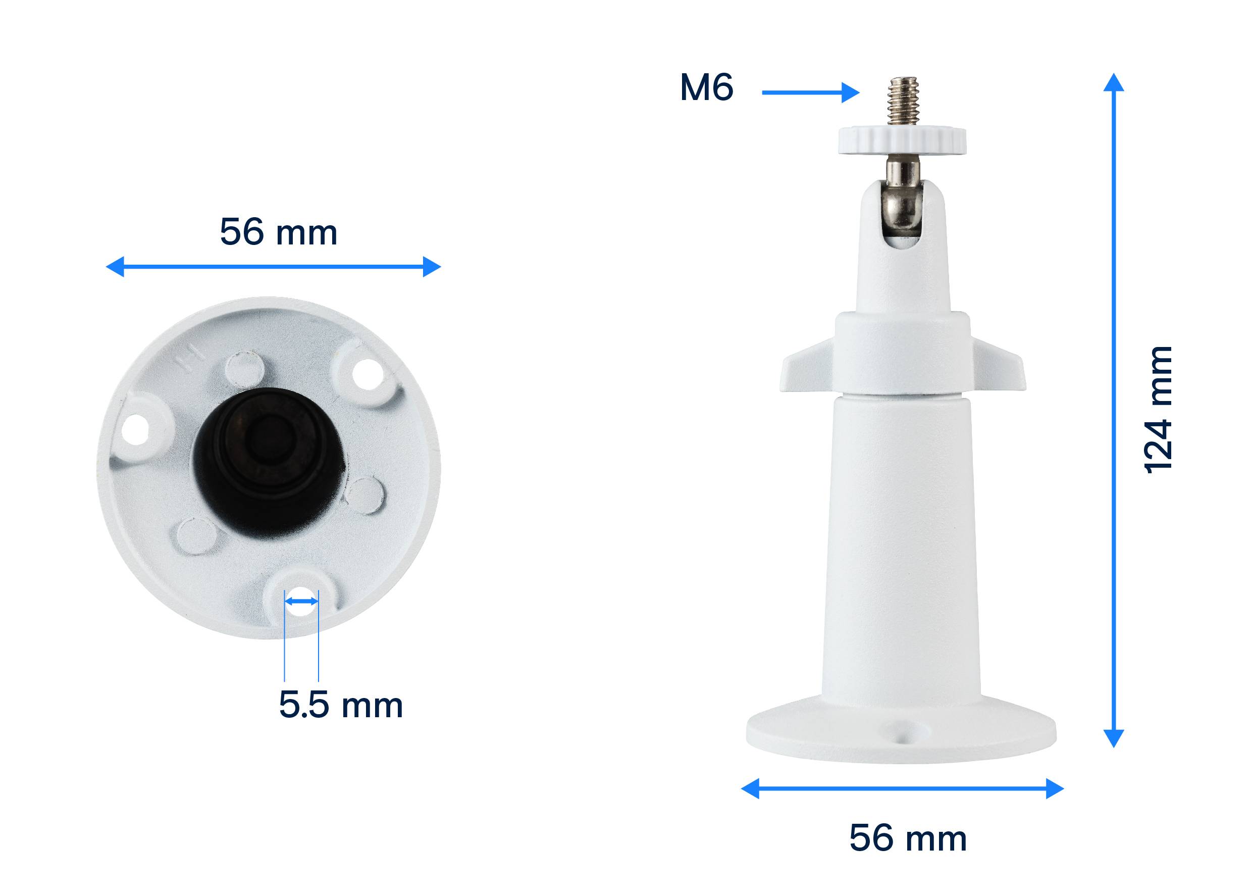 Nástěnný držák z bílého plastu zobrazený z boku a spodu. Rozměry: průměr 56 mm, výška 124 mm, otvor 5,5 mm, šroubový závit M6.