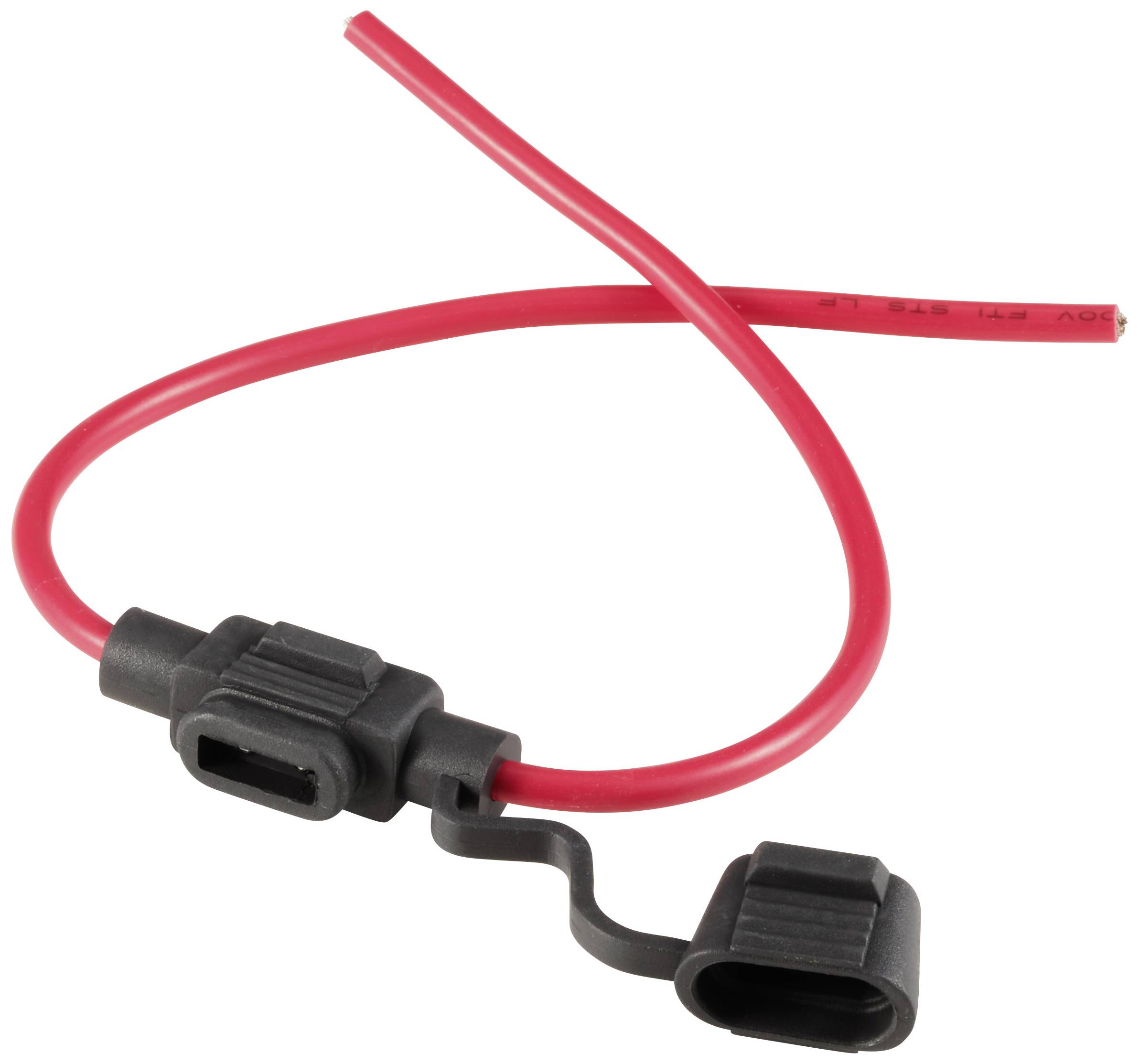 Červený napájecí kabel s černým držákem pojistky, vhodný pro elektrické rozvody nebo automobilové aplikace.