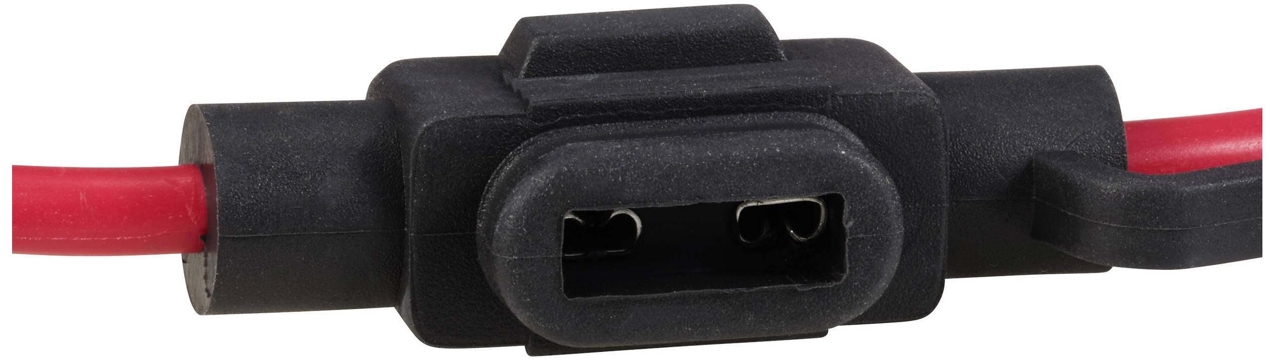 Černý elektrický konektor s červeným a černým vodičem, který se používá pro přenos elektrického proudu.