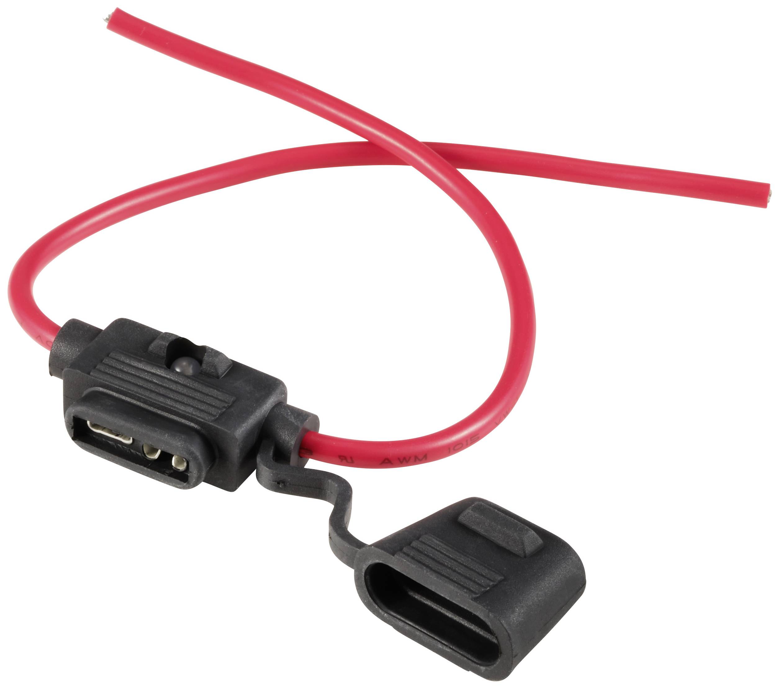 Červený kabel s černým otevřeným pojistkovým držákem. Slouží k zajištění elektrických připojení.