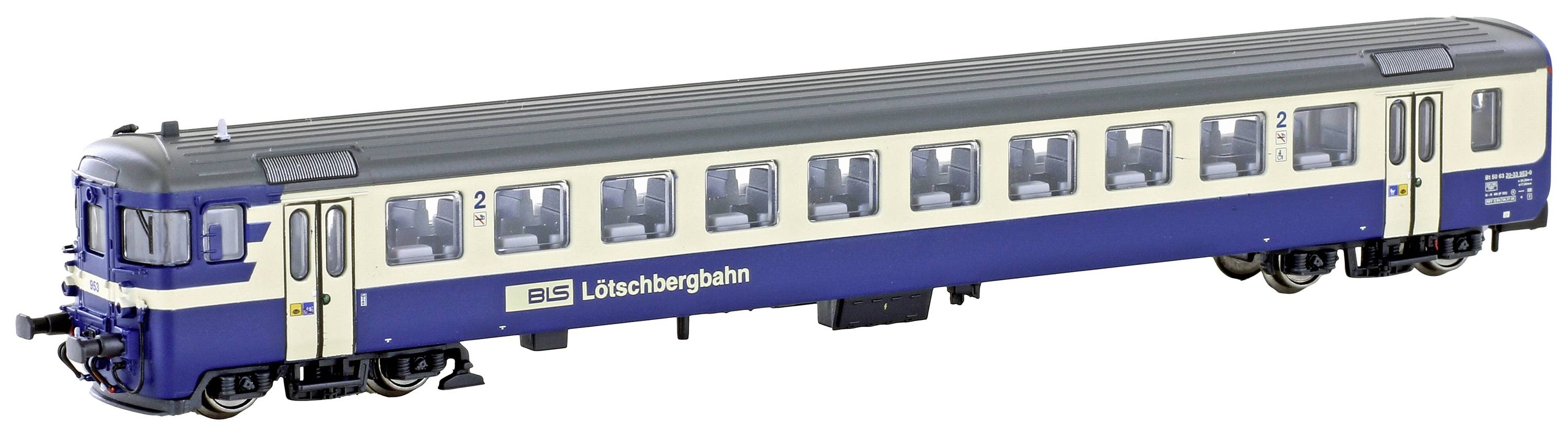 Obrázek modré a béžové lokomotivy společnosti 'BLS Lötschbergbahn' na bílém pozadí. Model s detailními okny.