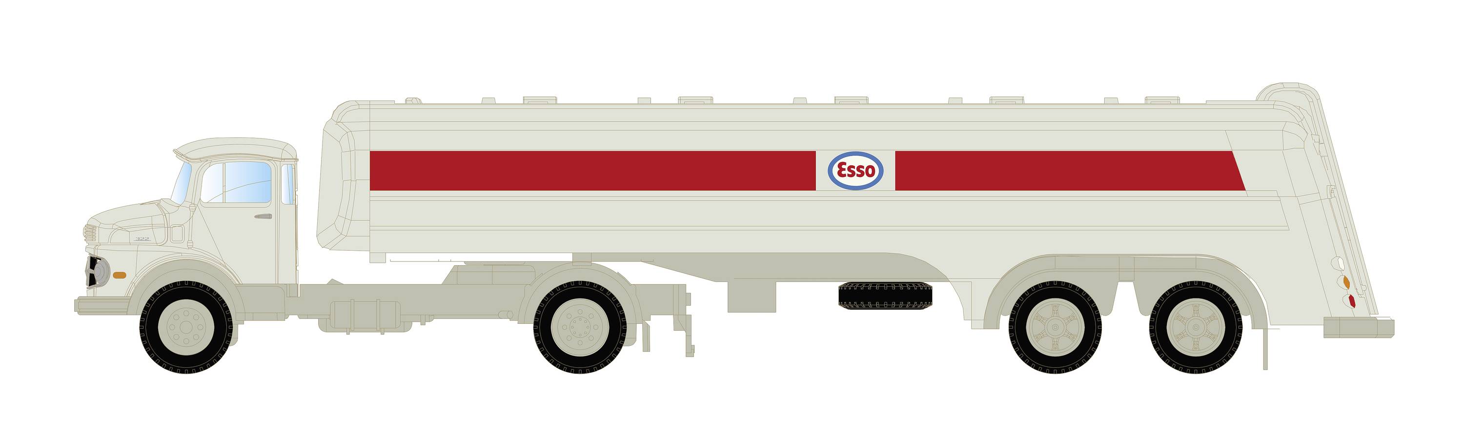 Velký nákladní tank s logem Esso na straně, v světlých barvách, zaparkovaný na bílém pozadí.