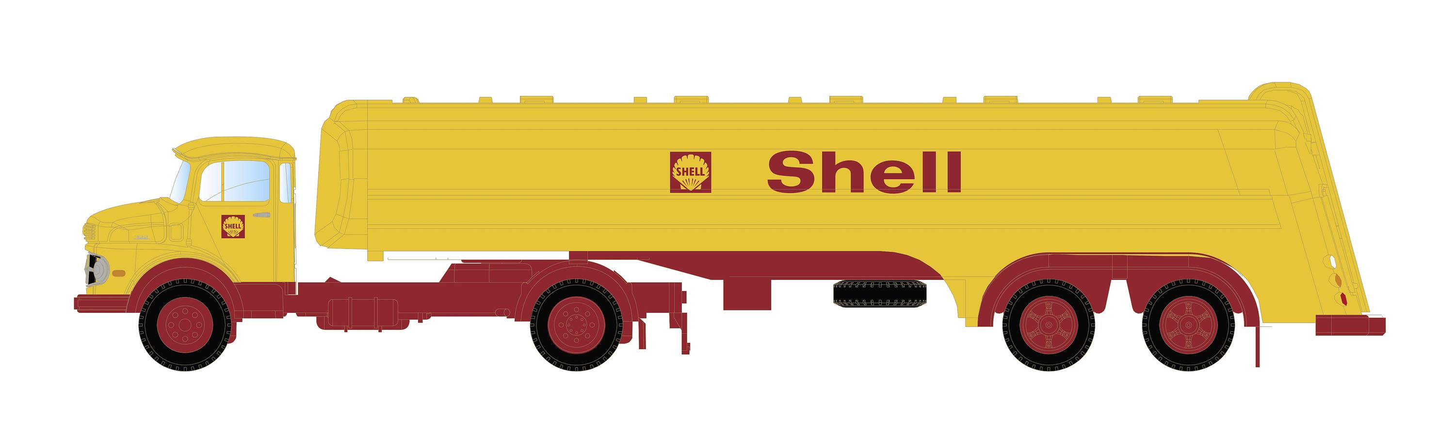Žlutý tankový nákladní vůz Shell z boku. Nákladní automobil má červené detaily a logo Shell vytištěné na straně nádrže.