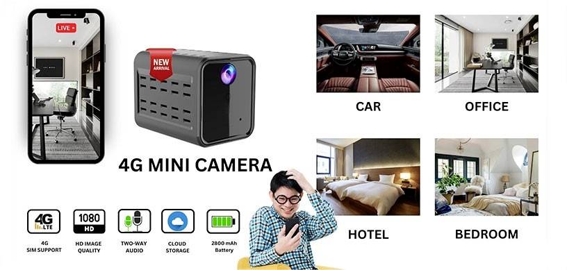 Obrázek ukazuje miniaturní 4G kameru. Aplikace zahrnují automobil, kancelář, hotel a ložnici. Funkce: podpora SIM karty, HD video, cloudové úložiště, baterie 2000 mAh.