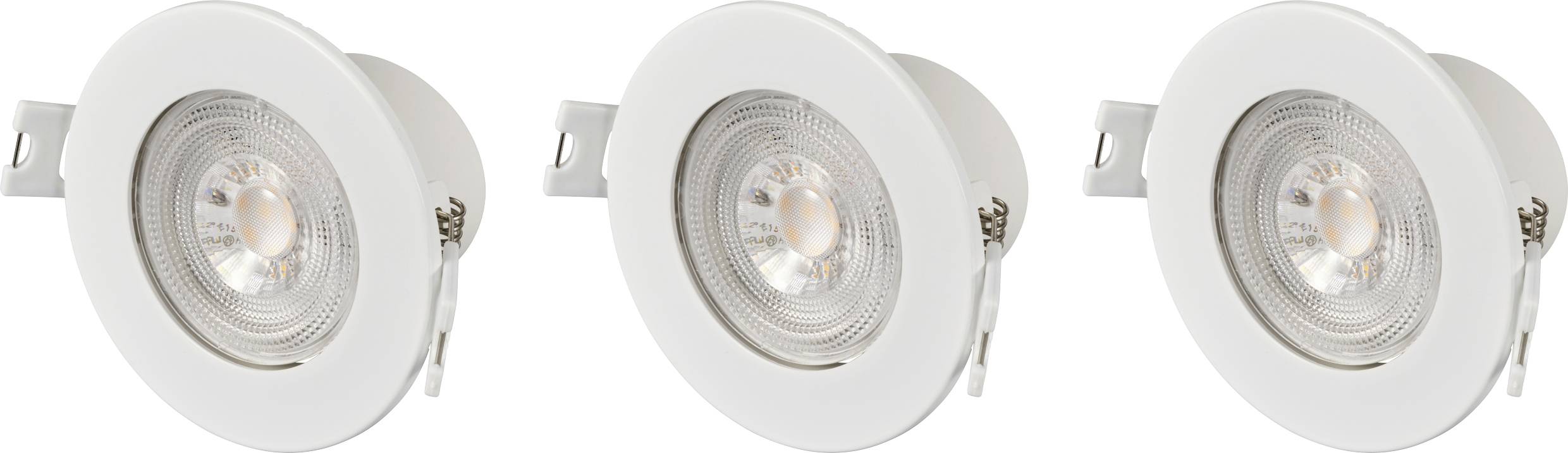 Tři vestavné bílé bodové reflektory v řadě, kruhovitý design s průhlednou střední částí, vhodné pro vnitřní osvětlení.