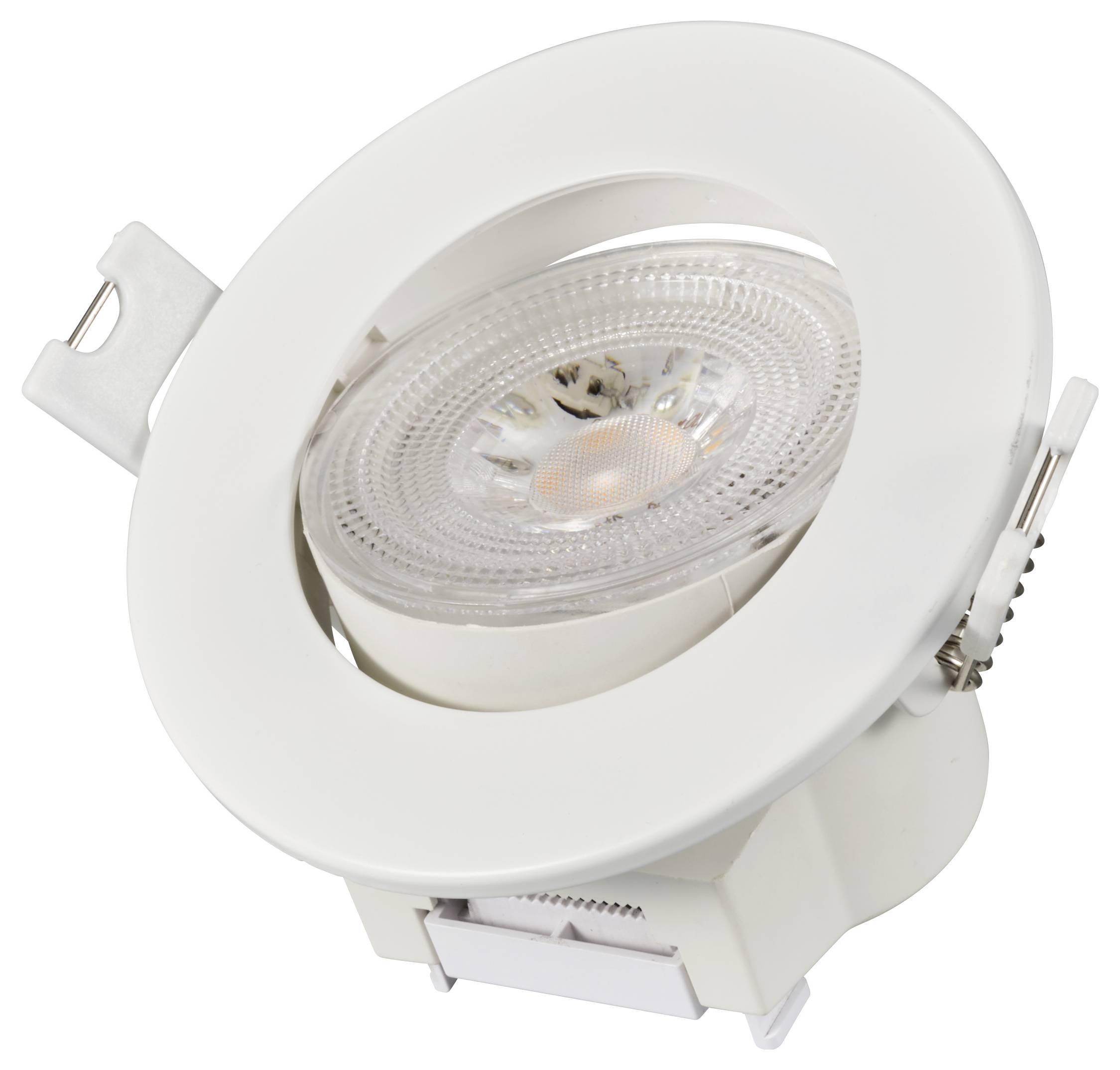 Kulatý bílý stropní LED reflektor vhodný pro montáž do zavěšených podhledů.