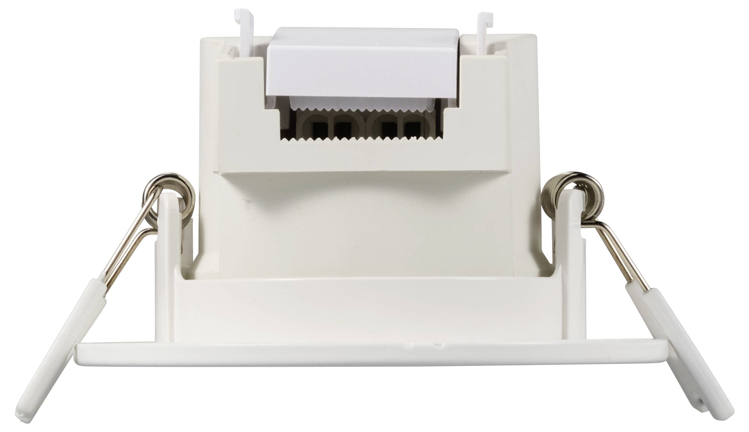 Vestavný rámeček pro stropní svítidla z bílého plastu, vhodný pro LED světelné zdroje. Obsahuje pružinové svorky pro snadnou montáž.