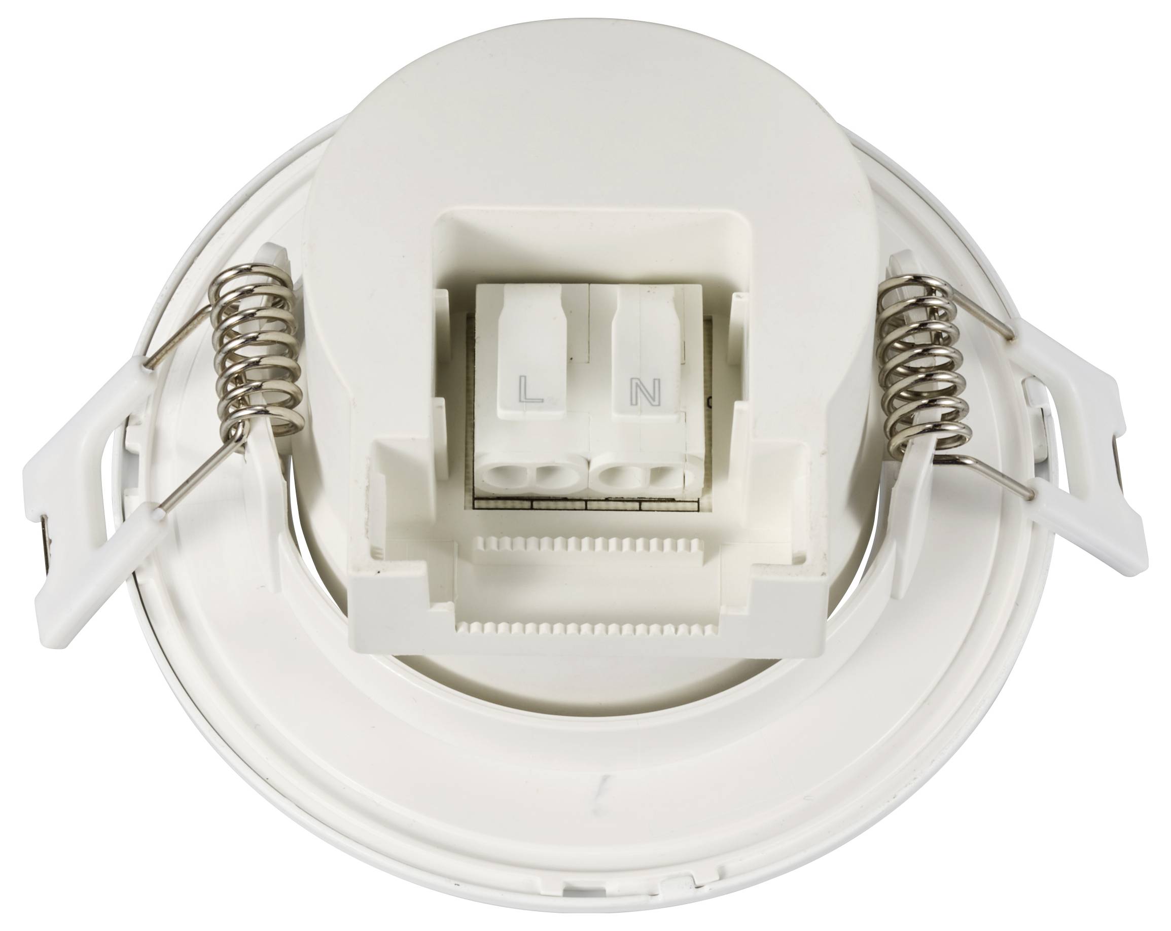Bílý stropní vestavný rámeček s pružinovými svorkami a přípojkami označenými písmeny 'L' a 'N' pro kabelové připojení.