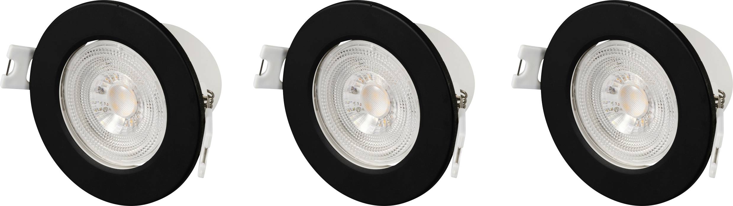 Tři kulaté černé stropní LED bodovky se zabudovanými žárovkami na bílém pozadí, pohled zepředu.