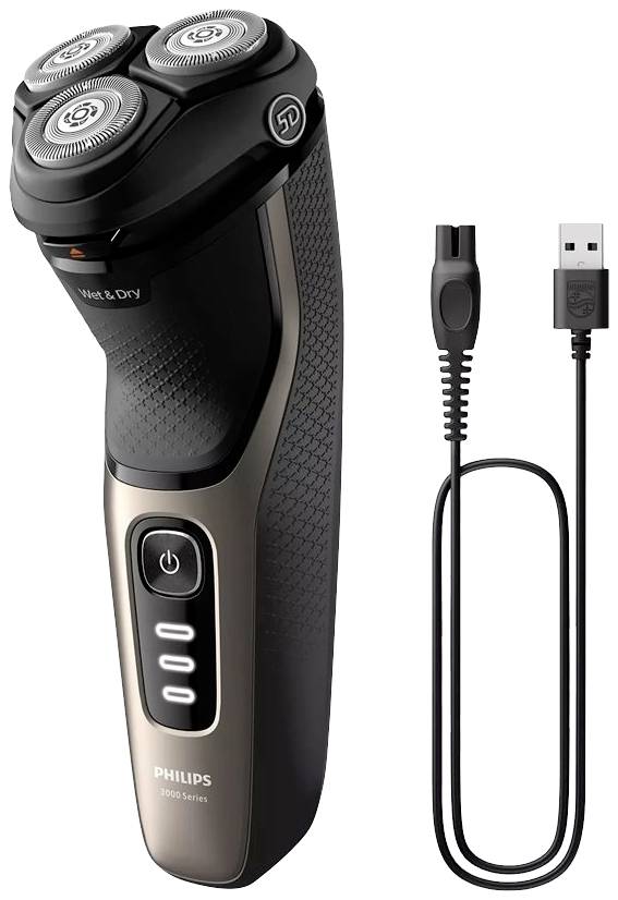 Elektrický holicí strojek Philips se třemi rotačními hlavicemi a USB nabíjecím kabelem. Model 'Philips 5000 Series'.