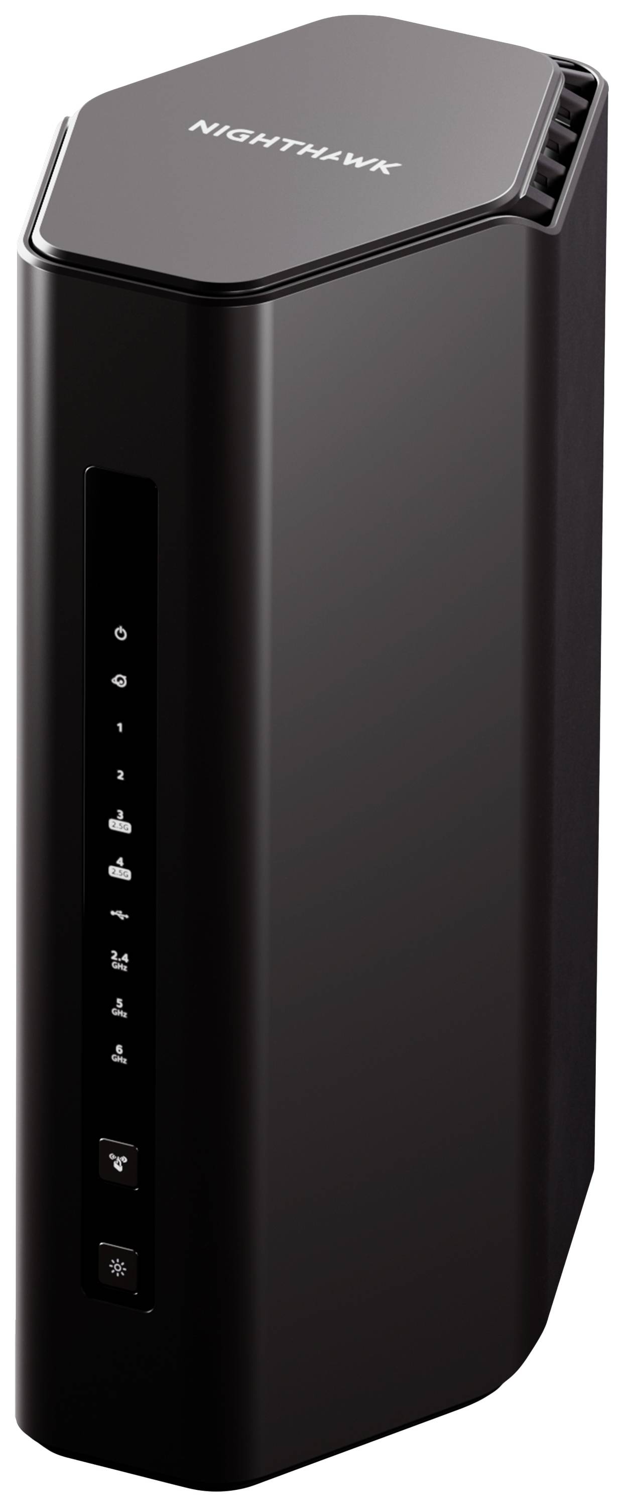 Černý stojící Wi-Fi router s vertikálním displejem na přední straně, zobrazující stavový panel indikátorů.