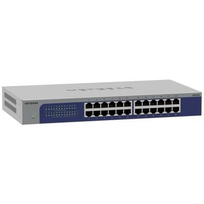 'Síťový přepínač Netgear GS324 v kovovém pouzdře se 24 porty, LED indikátory stavu a větracími otvory po stranách.'