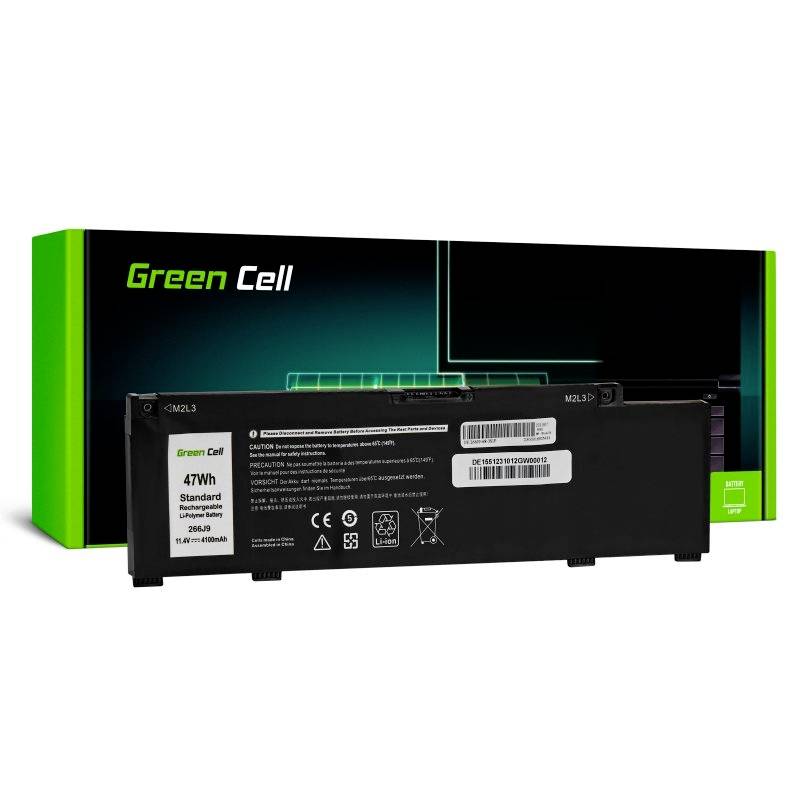 Akumulátor 'Green Cell 47Wh Standard' je zobrazen, v popředí je akumulátor s technickými detaily, v pozadí zelený obal značky Green Cell.