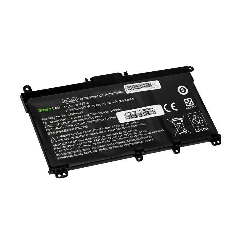 Černý lithium-polymerový akumulátor od společnosti Green Cell s modelovým číslem 'HHVK3 V4'. Kapacita: 11,4V, 6,7Ah, 76Wh.