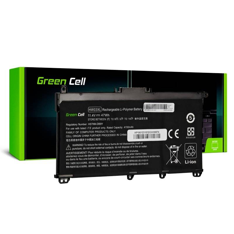 Černý lithium-iontový akumulátor od Green Cell, model 'HW03XL', s vytištěnými technickými specifikacemi. Balení v pozadí.