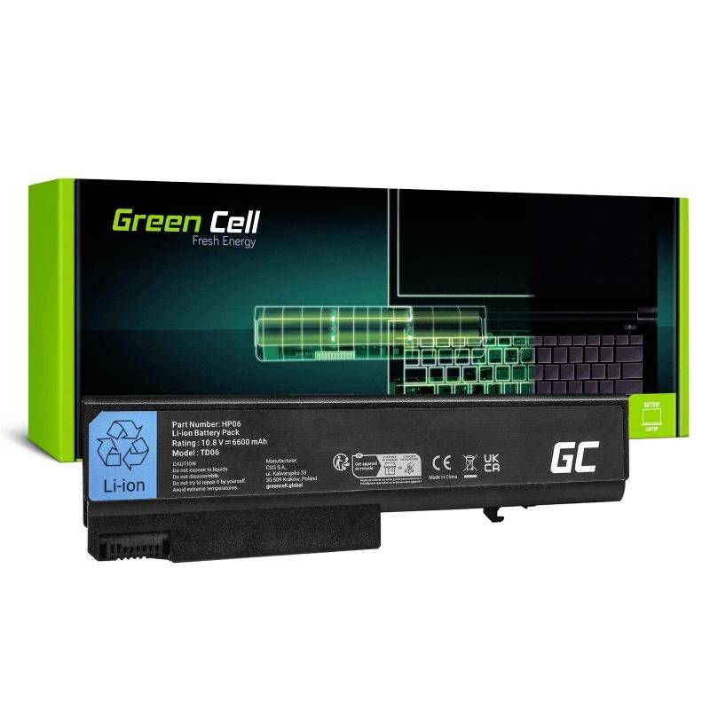 Baterie do notebooku značky Green Cell, model BP06, s kapacitou 6600 mAh, prezentovaná před obrázkem laptopem na zeleném pozadí.