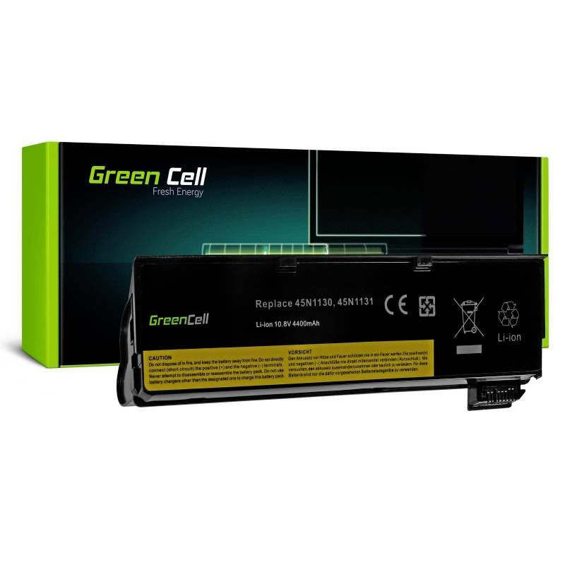 Lithium-iontová baterie značky Green Cell, model 'Replace 45N1130, 45N1131', o napětí 10,8V a kapacitě 4400mAh, v černé barvě, vedle obalu.