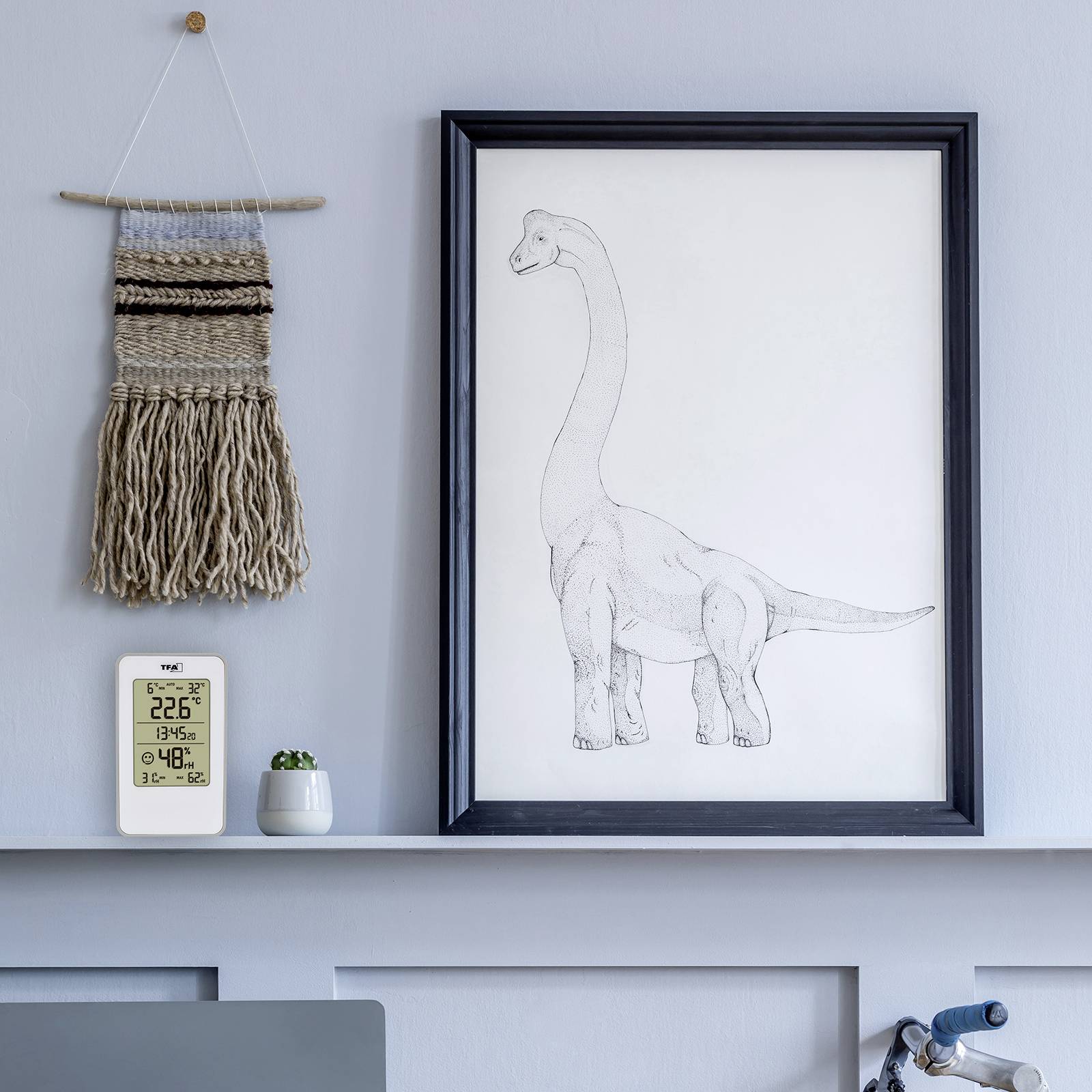 Na modré stěně visí zarámovaná kresba dinosaura. Pod ní je nástěnná tapisérie, malá rostlina a bílý teploměr s ukazatelem teploty.