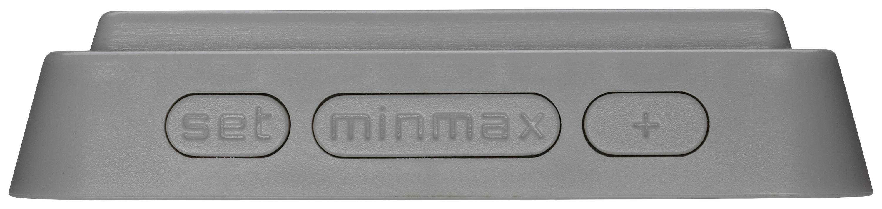 Tři šedé tlačítka na ploché ploše označené štítky 'set', 'min max' a '+'. Slouží k ovládání zařízení.