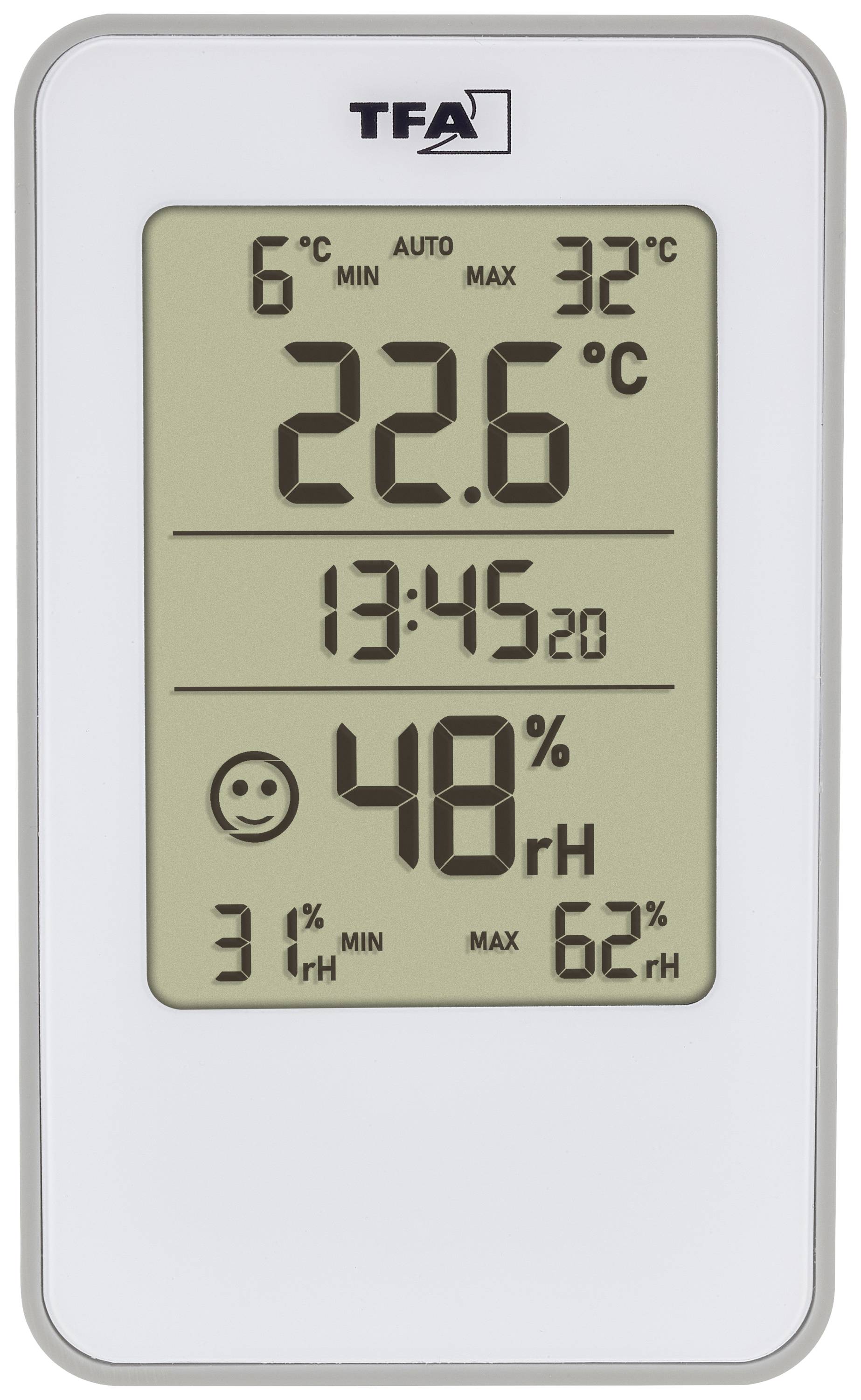 Digitální teploměr a vlhkoměr ukazuje 22,6°C a 48% relativní vlhkosti. Čas: 13:45. Minimální/maximální hodnoty nahoře.