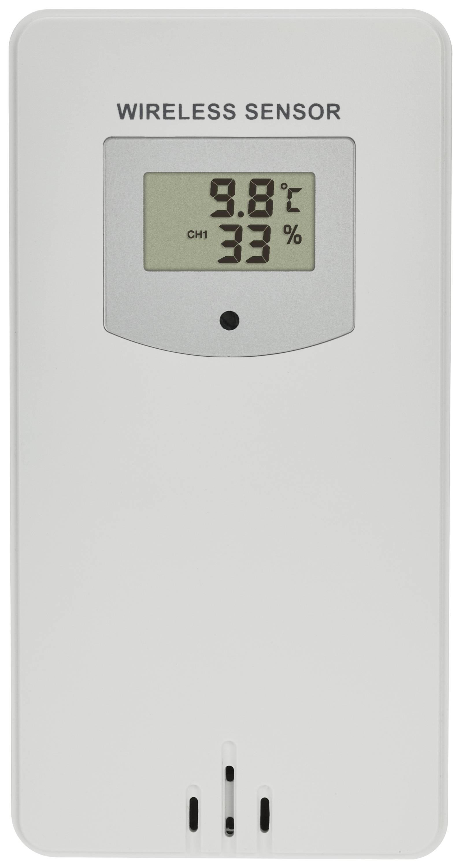 Senzor 'Funk-Sensor' ukazuje na digitálním displeji 9,8°C a 33% vlhkosti vzduchu.