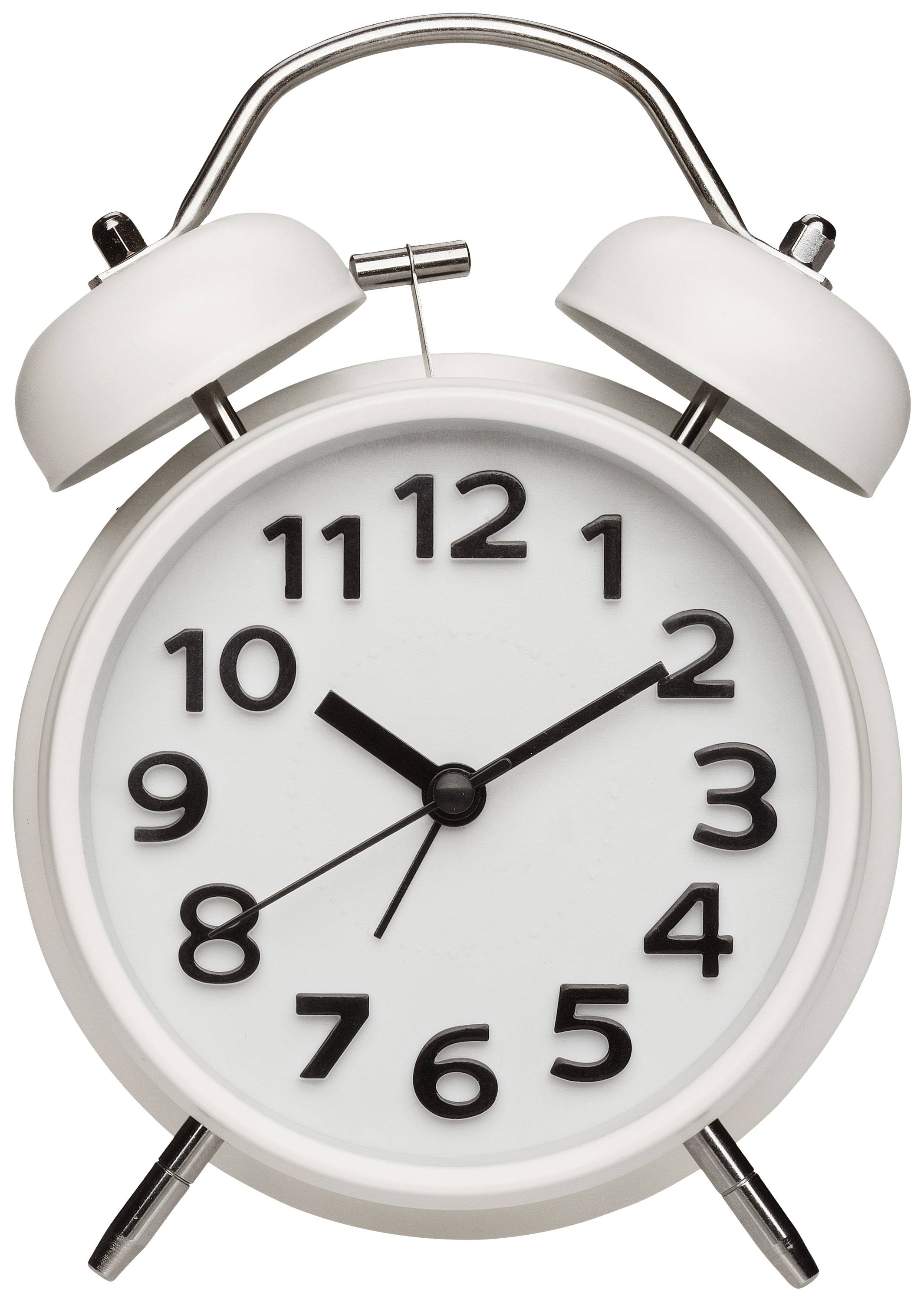 Bílý budík se dvěma zvonky ukazuje 10:09.