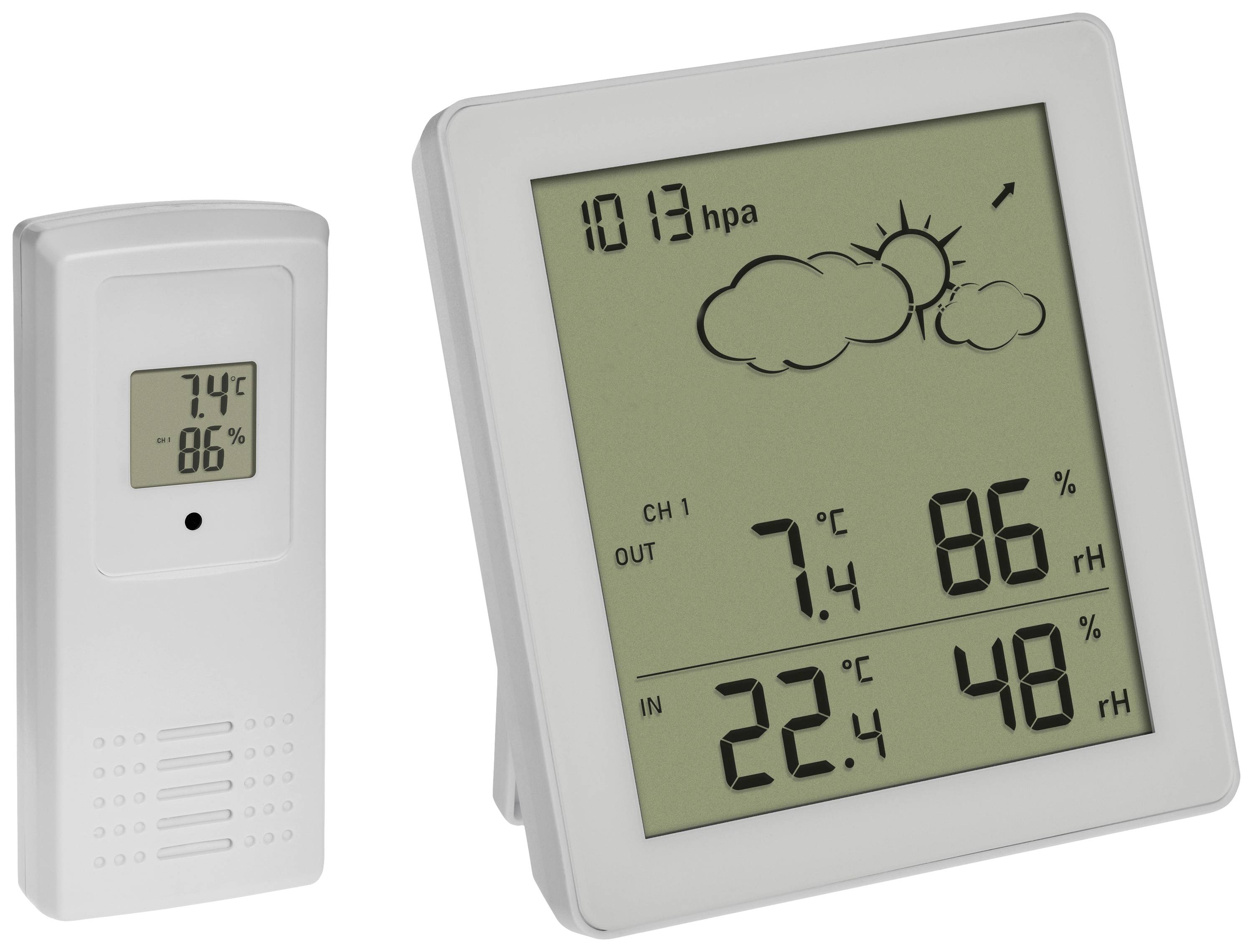 Obrázek zobrazuje digitální teploměr a vlhkoměr. Vlevo senzor ukazuje 7,4°C a 86% relativní vlhkosti. Vpravo displej zobrazuje 7,4°C, 86% relativní vlhkosti, 22,4°C vnitřní teploty a 48% vnitřní relativní vlhkosti.