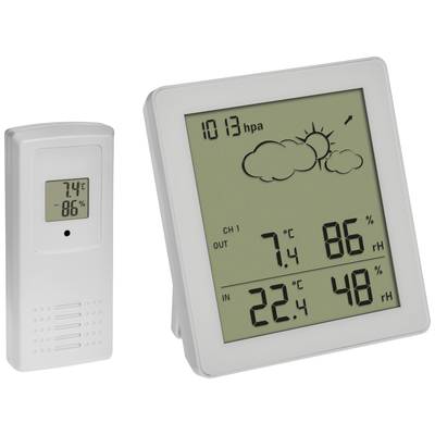 Obrázek zobrazuje digitální teploměr a vlhkoměr. Vlevo senzor ukazuje 7,4°C a 86% relativní vlhkosti. Vpravo displej zobrazuje 7,4°C, 86% relativní vlhkosti, 22,4°C vnitřní teploty a 48% vnitřní relativní vlhkosti.