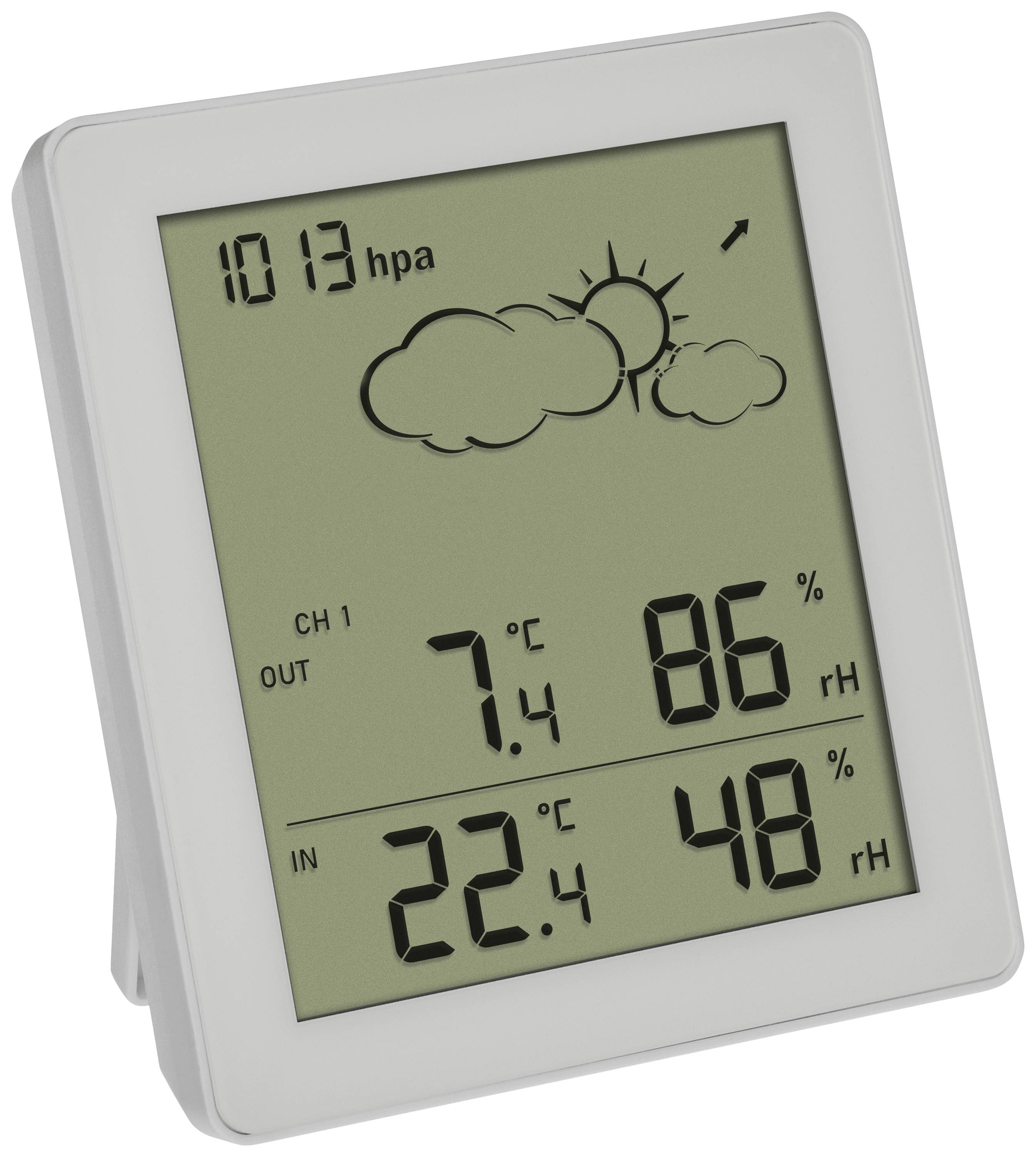 Digitální displej s meteorologickými symboly, venkovní teplota 7,4°C, 86% vlhkosti vzduchu, vnitřní teplota 22,4°C, 48% vlhkosti vzduchu, 1013 hPa.