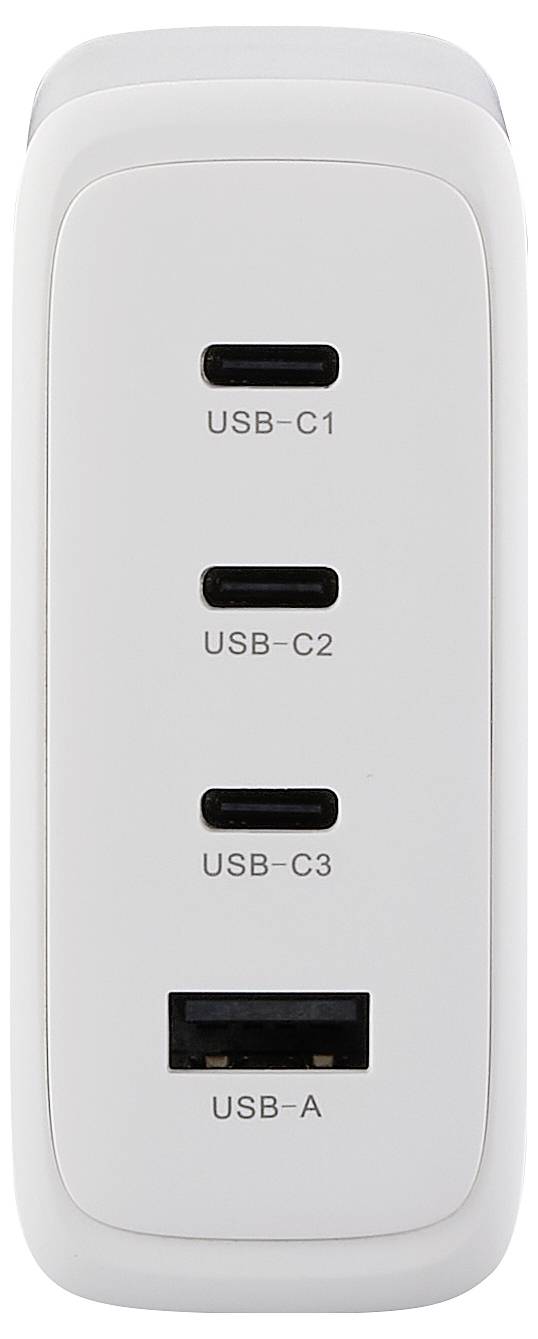 Bílá nabíječka se třemi USB-C a jedním USB-A portem v uspořádání na výšku. Každý port je označen svým typem.