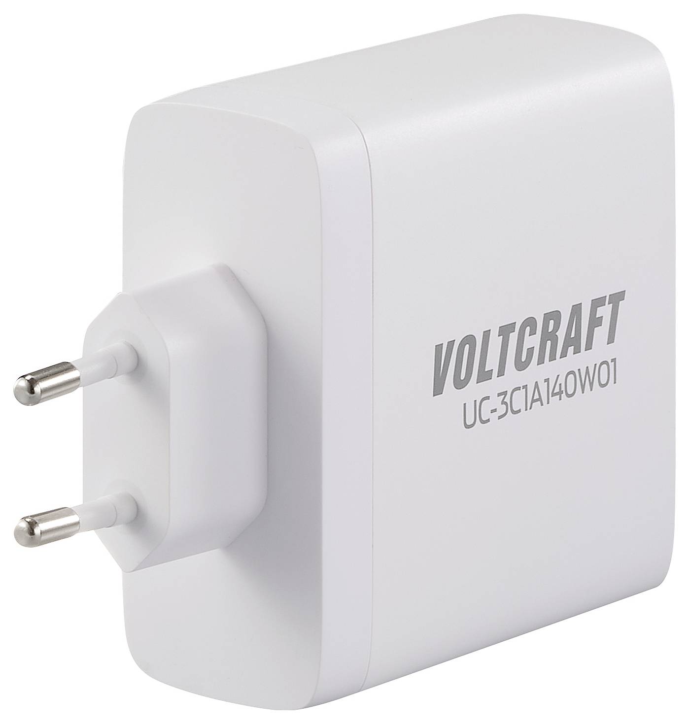 Bílá USB nabíječka značky Voltcraft s evropskou zástrčkou, modelové číslo 'UC-3C1A140W01'.