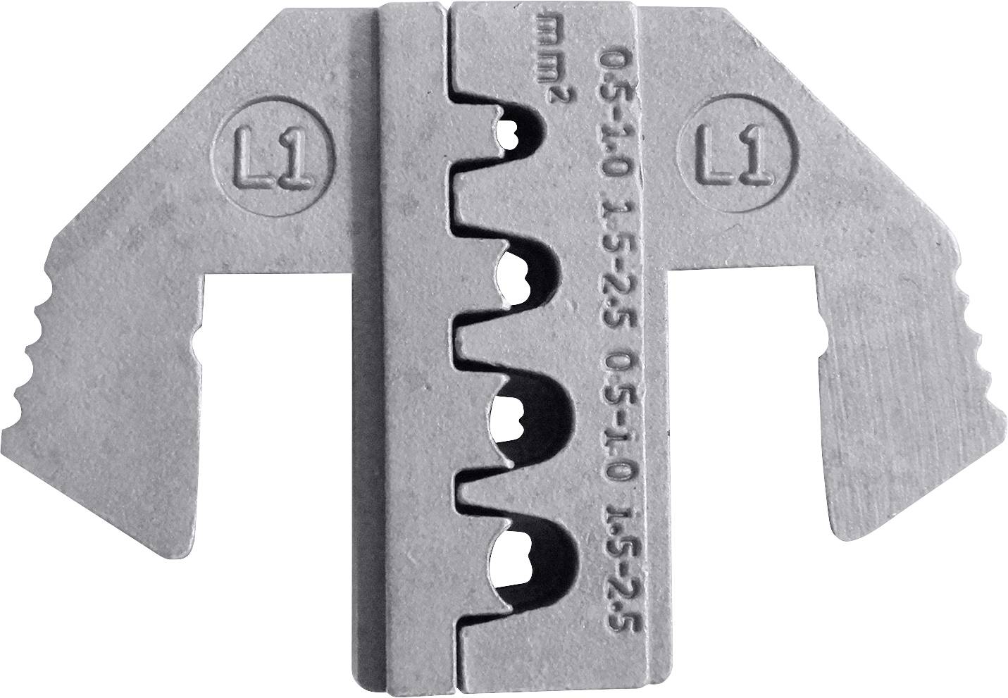 Kovový nástroj se zuby a stupnicemi pro velikosti kabelů; popis ukazuje rozměry: '0,5-1,0', '1,5-2,5' mm².