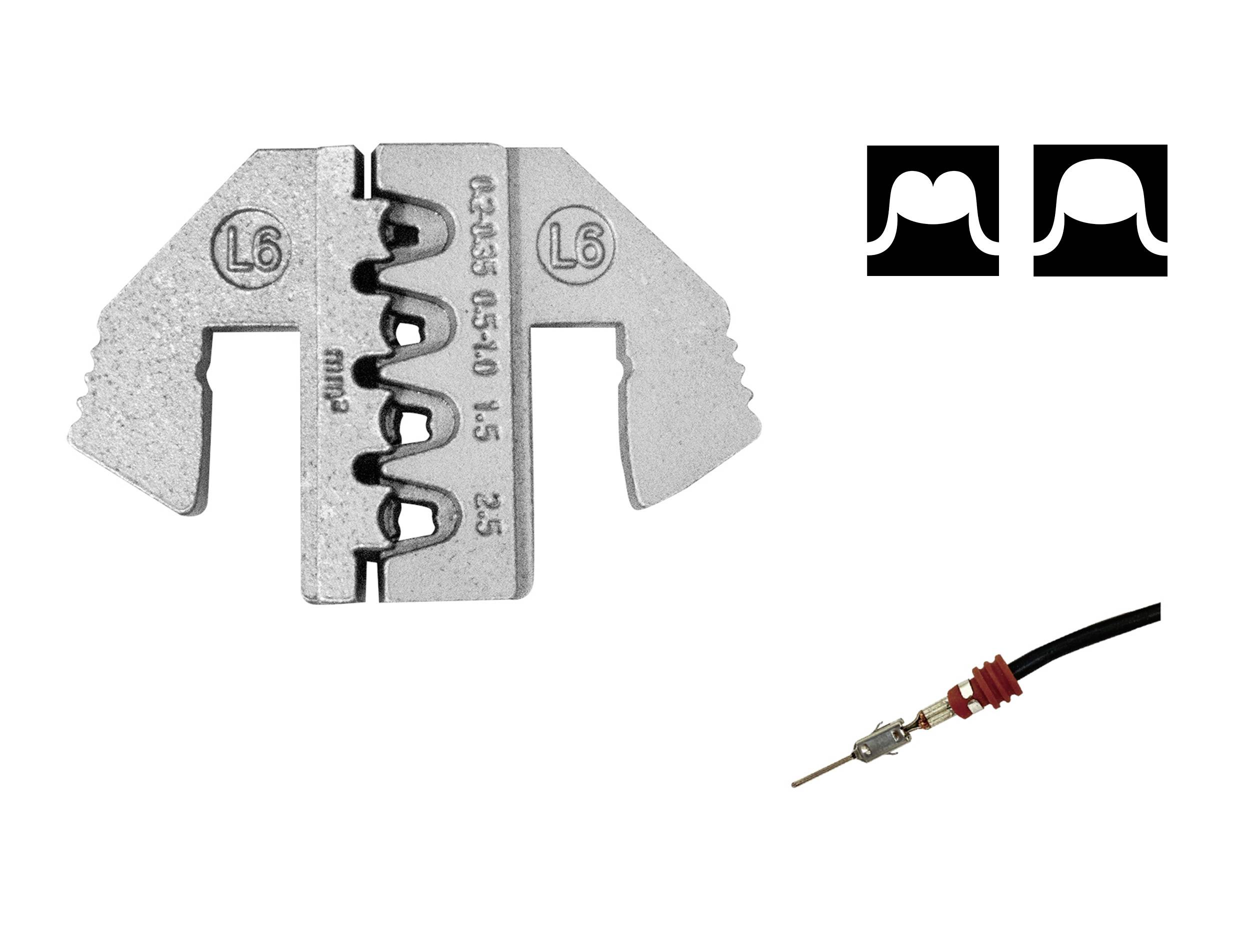 Odizolovací kleště pro kabelové dutinky s kabelovým průřezem 0,5-4,0 mm² a jeden kabel s nasazenou kolíkovou koncovkou, jakož i střihový vzor.